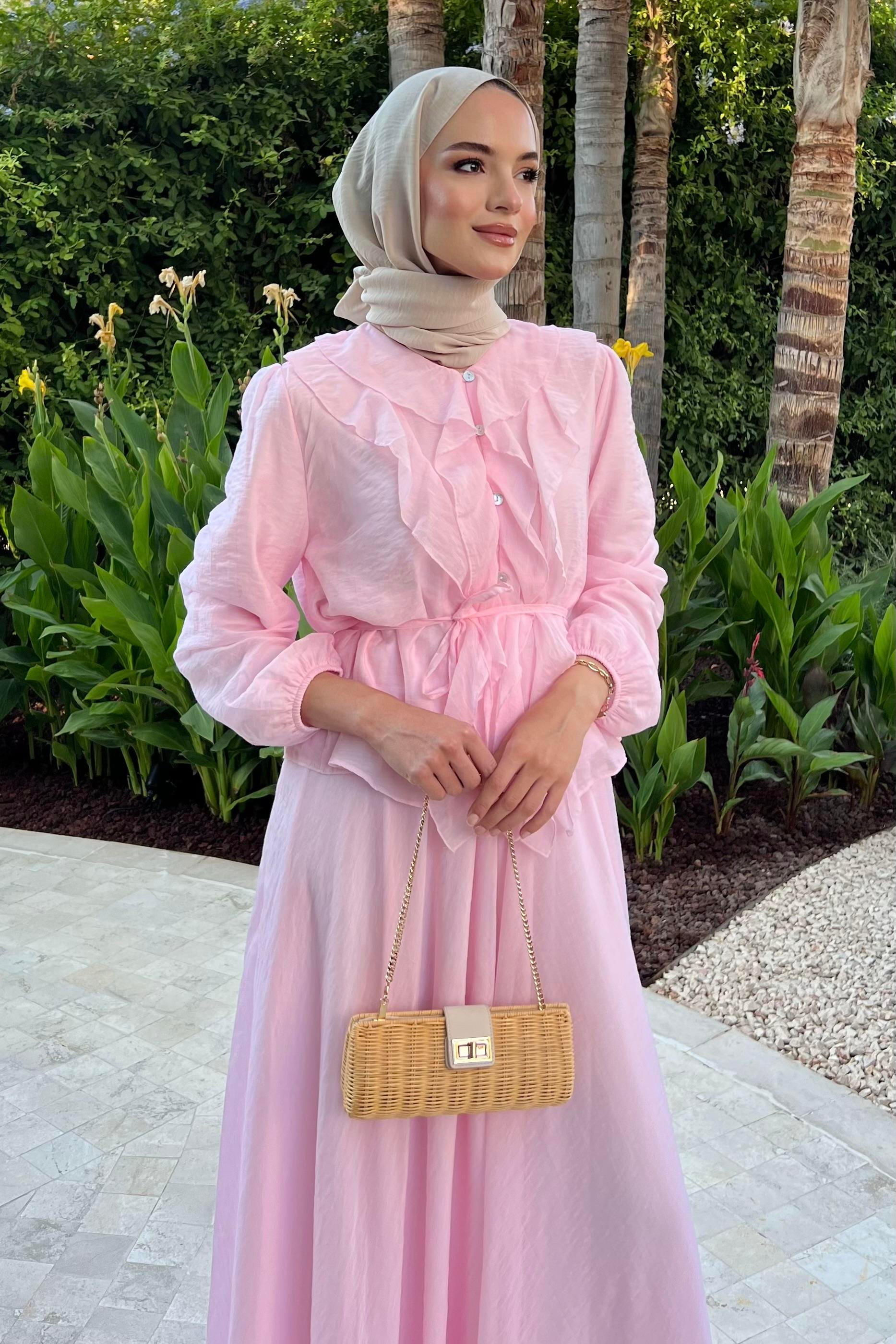 Fırfır Yaka Detaylı Tencel Takım Pembe