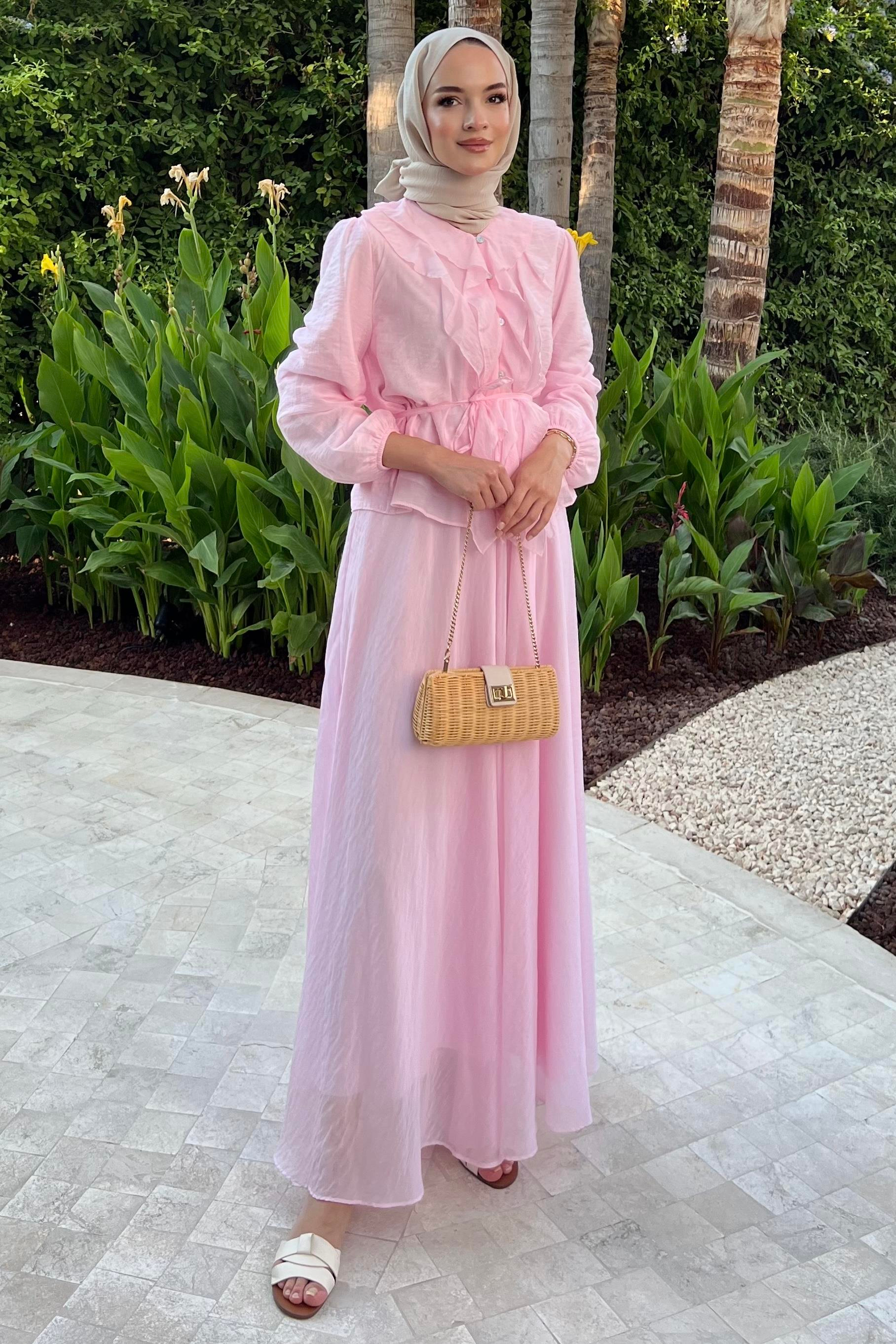 Fırfır Yaka Detaylı Tencel Takım Pembe