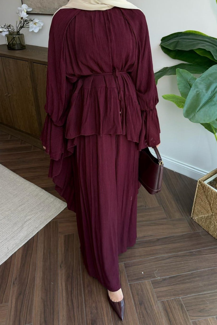 Fırfırlı Kol Detaylı Pantolonlu Takım Bordo