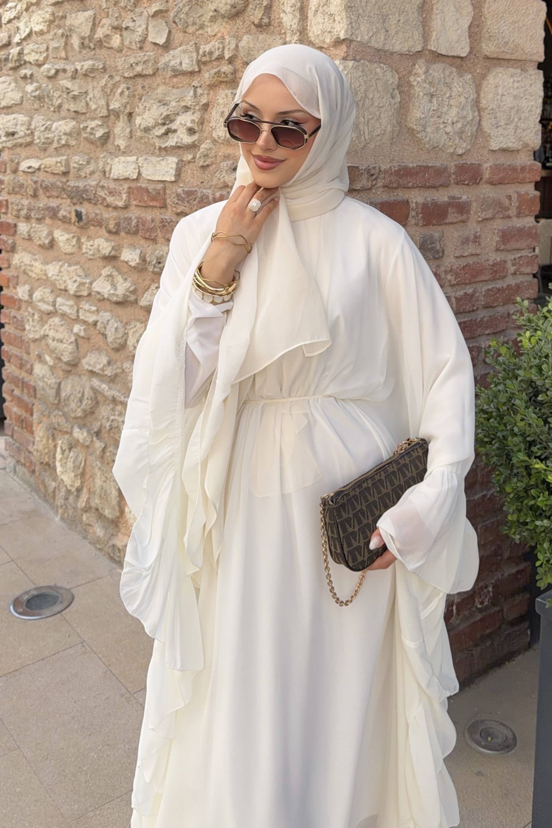Fırfırlı Şifon Abaya İnci