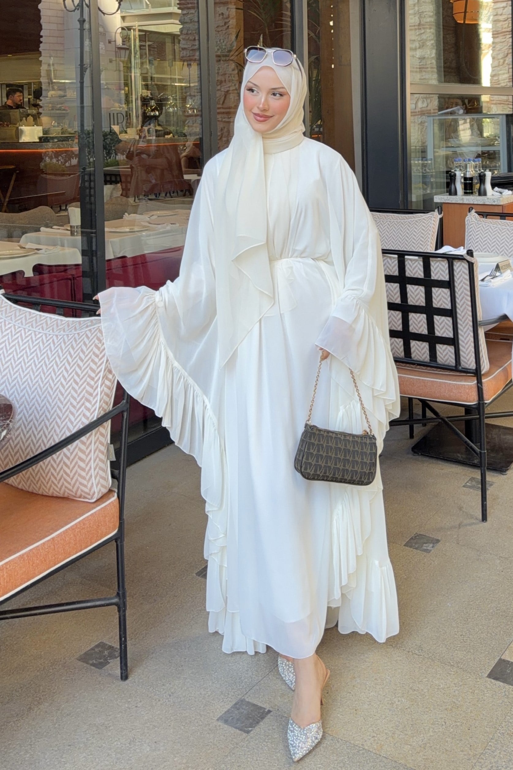 Fırfırlı Şifon Abaya İnci