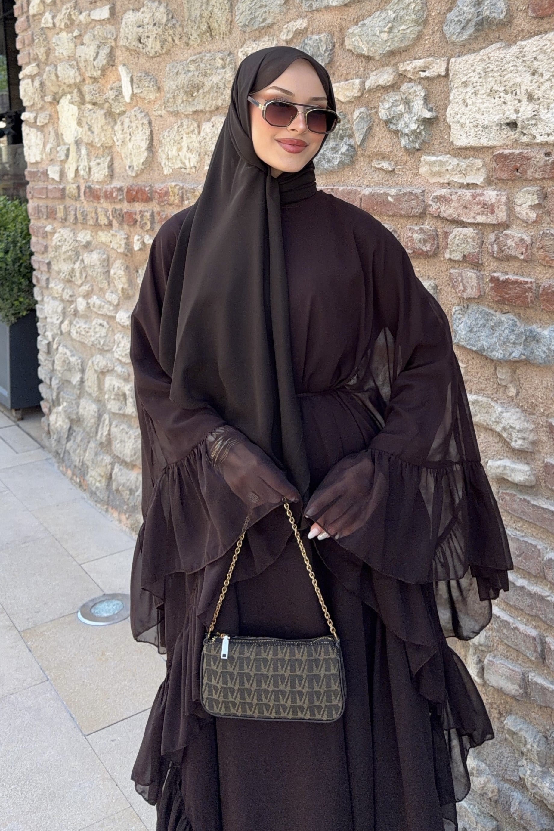 Fırfırlı Şifon Abaya Kahverengi