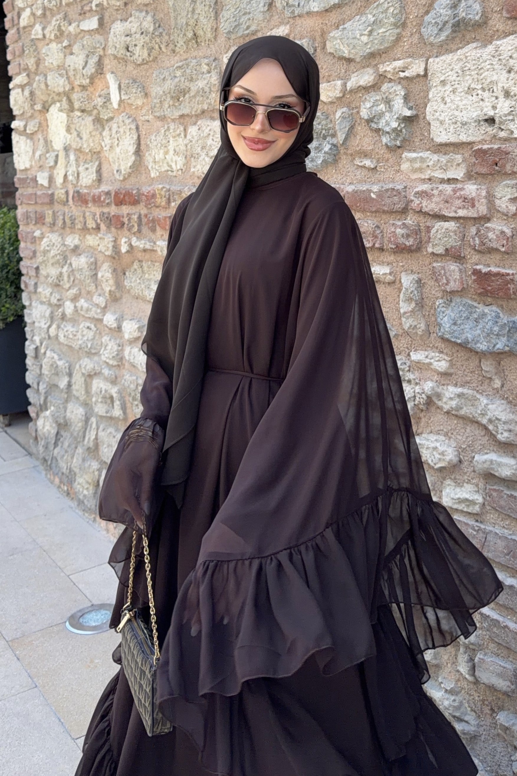 Fırfırlı Şifon Abaya Kahverengi