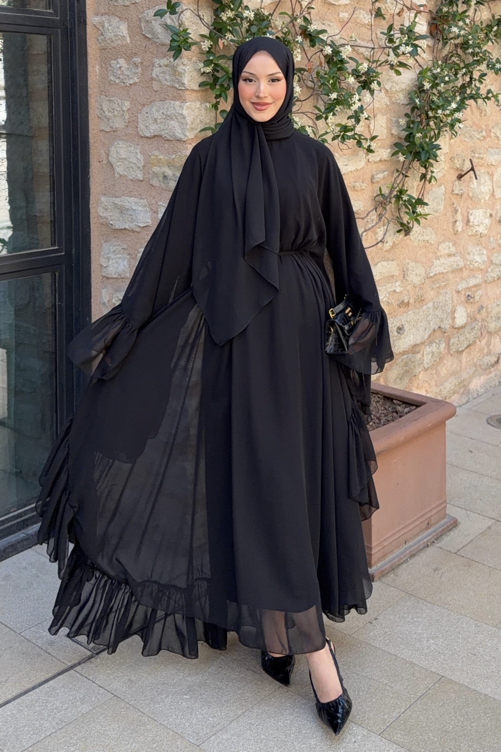 Fırfırlı Şifon Abaya Siyah