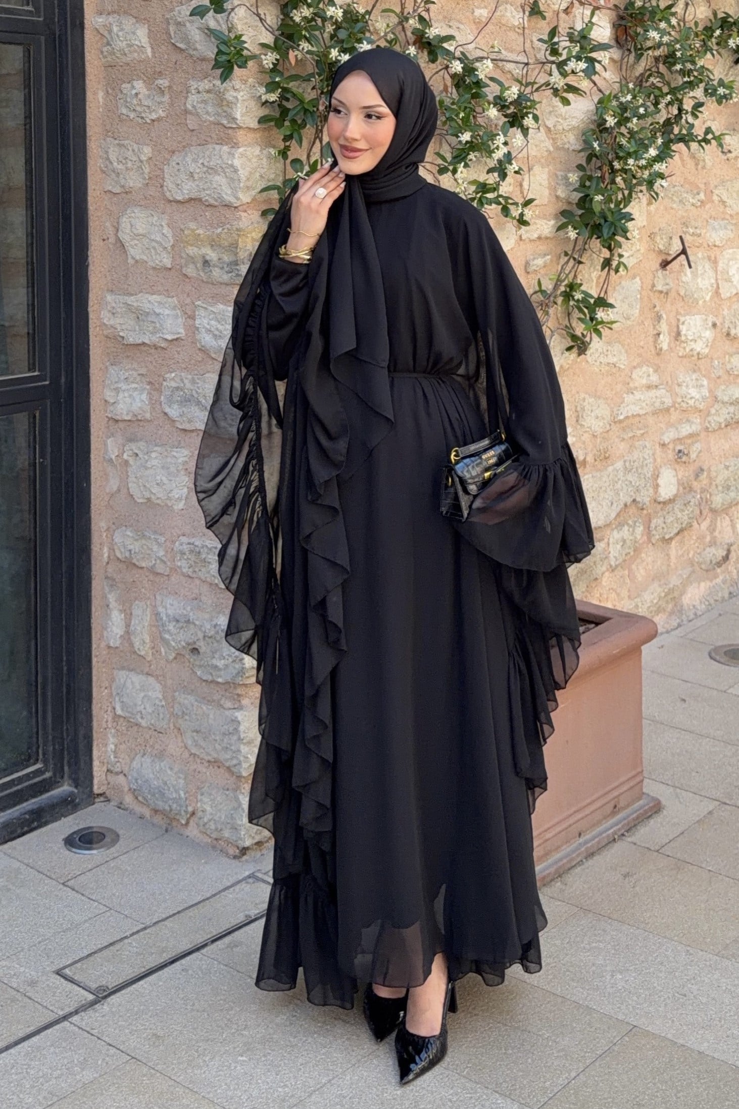 Fırfırlı Şifon Abaya Siyah