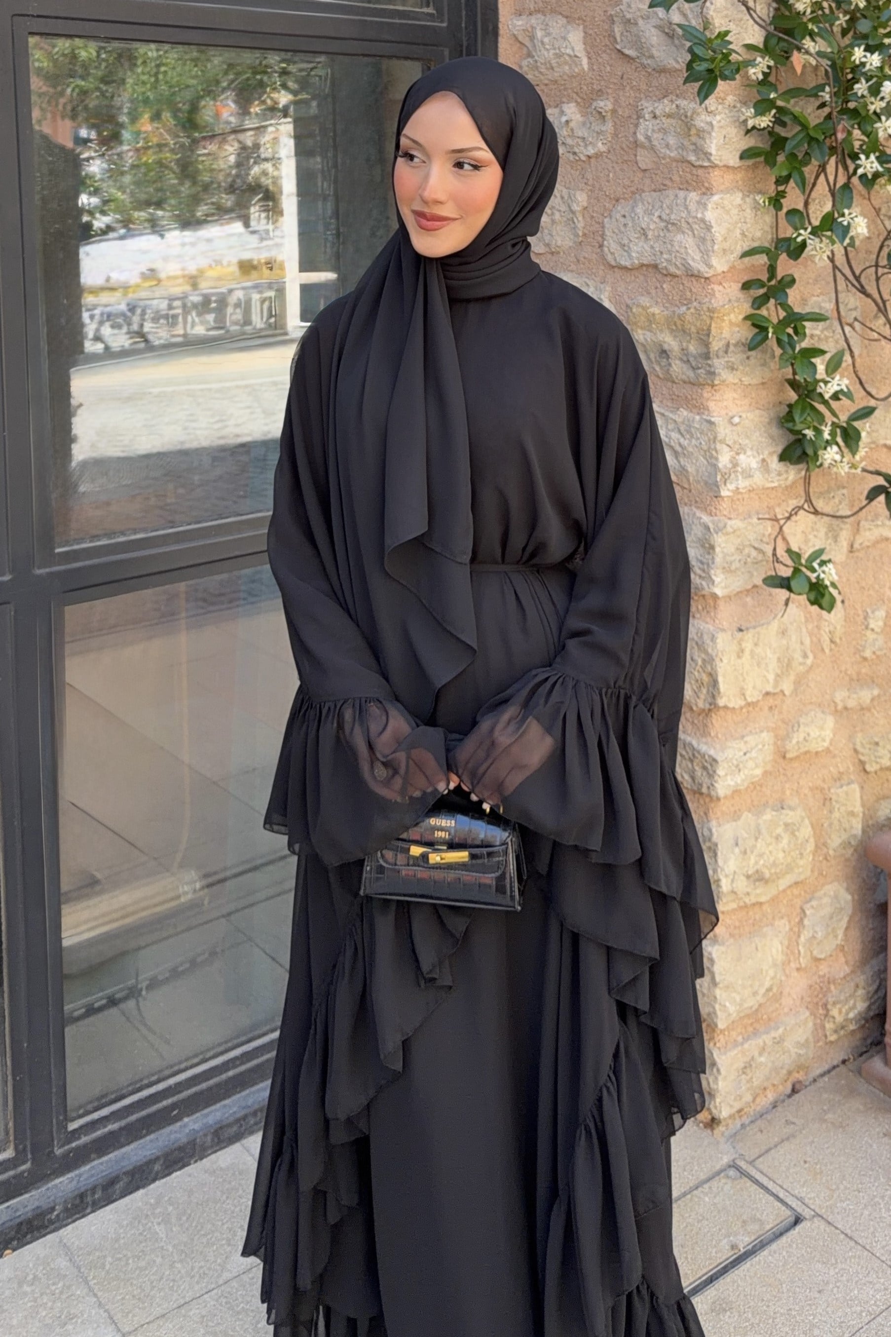 Fırfırlı Şifon Abaya Siyah