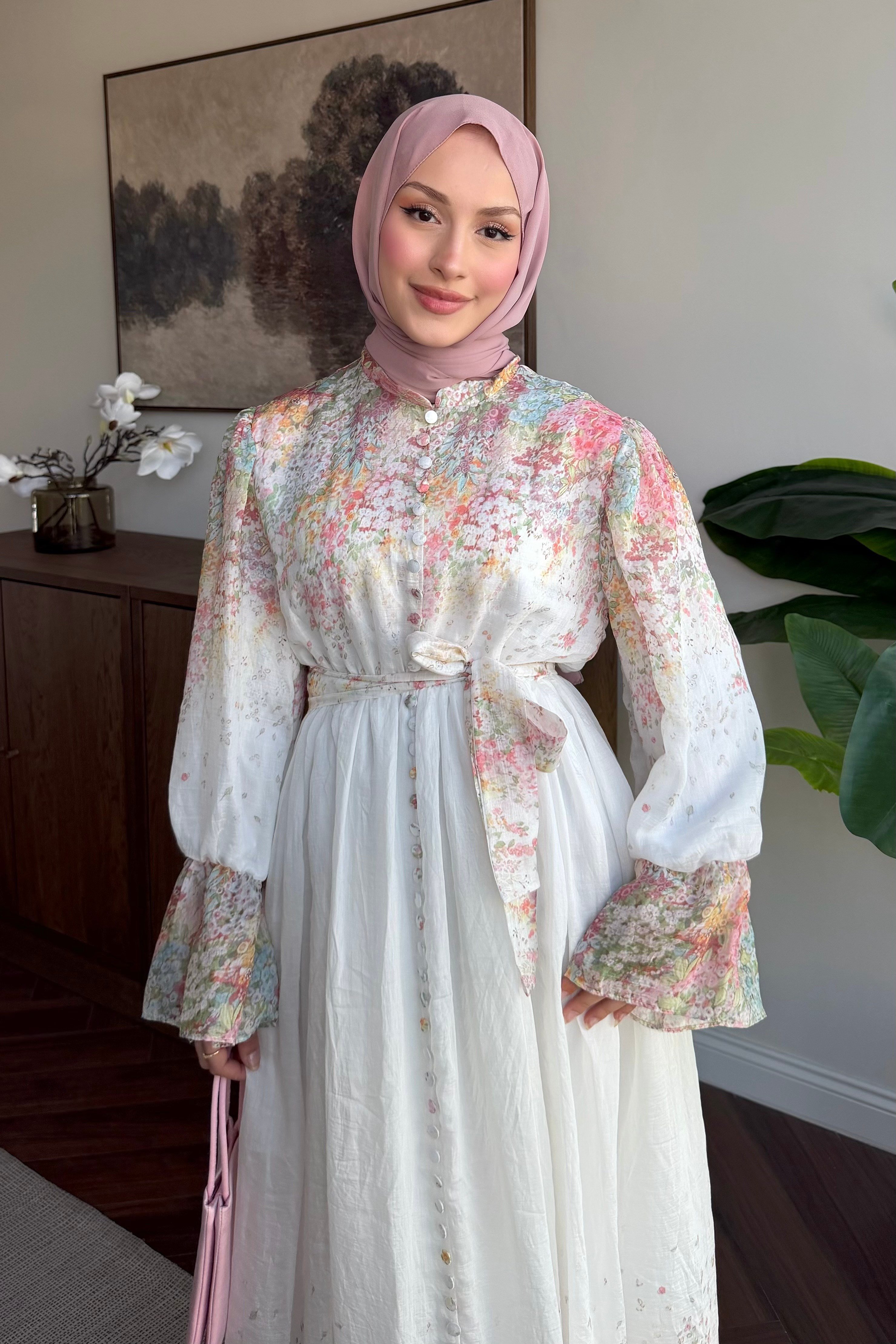 Floris Boydan Düğmeli Çiçekli Elbise Ekru