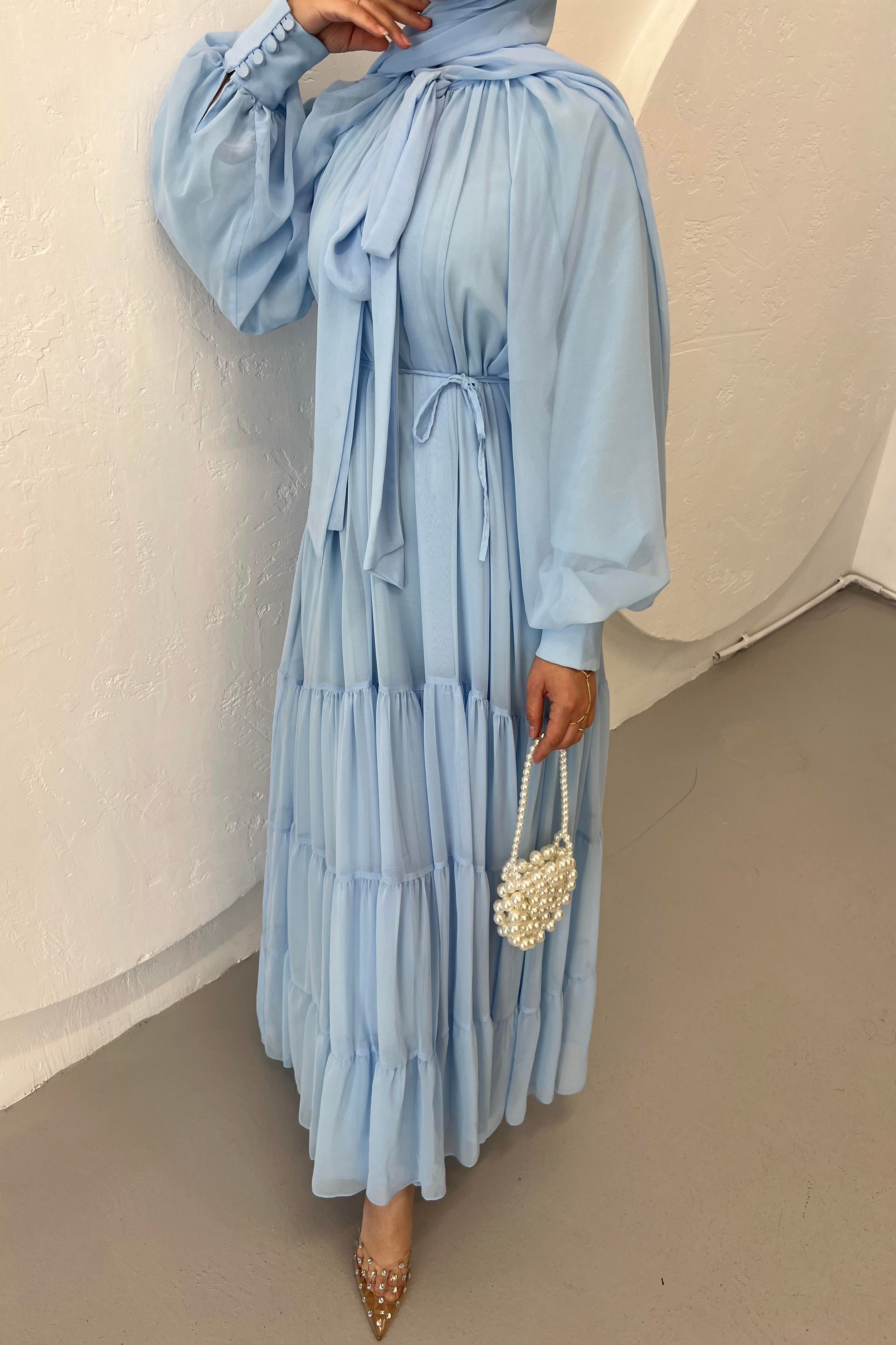 Fularlı Şifon Elbise Baby Blue