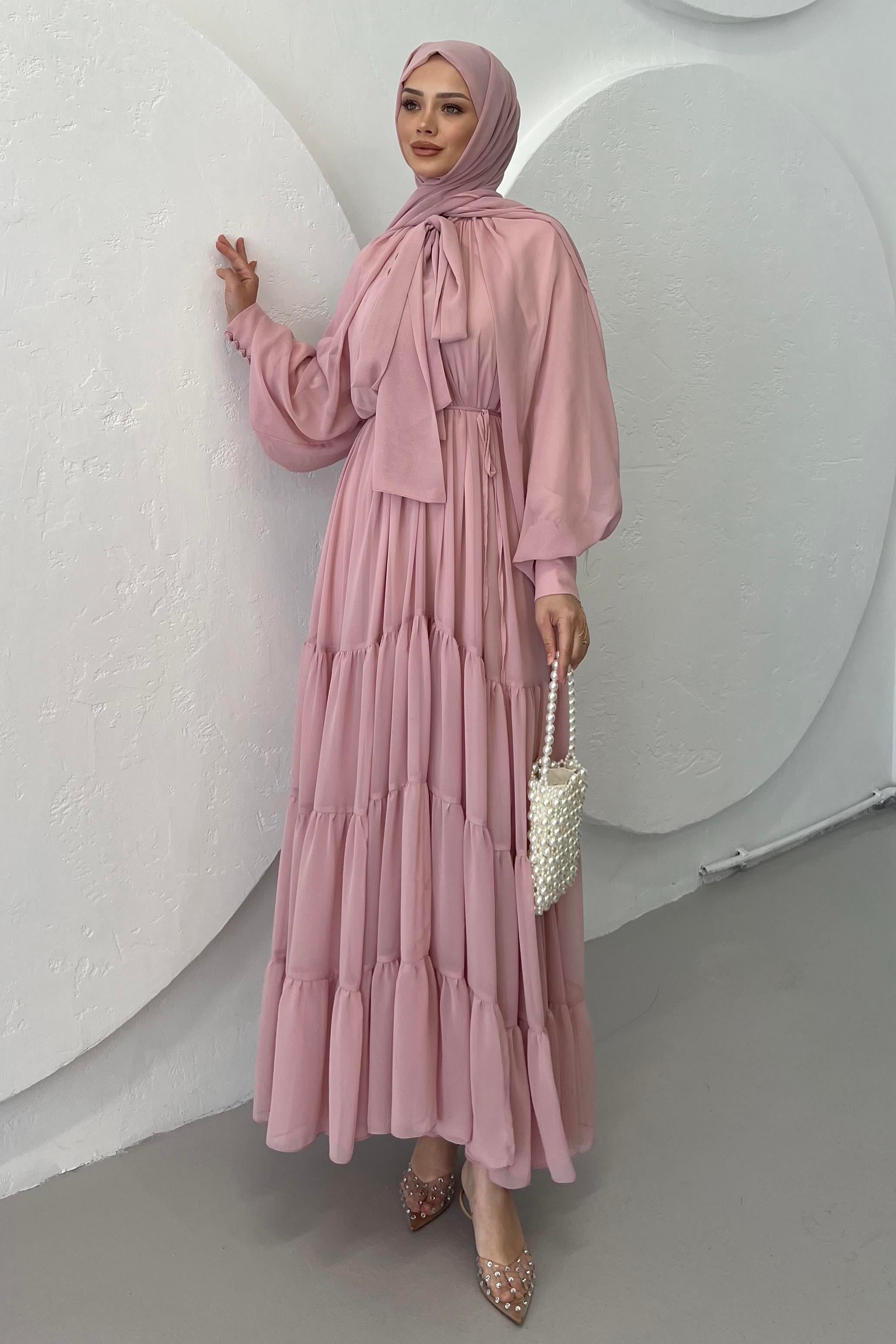 Fularlı Şifon Elbise Toz Pembe