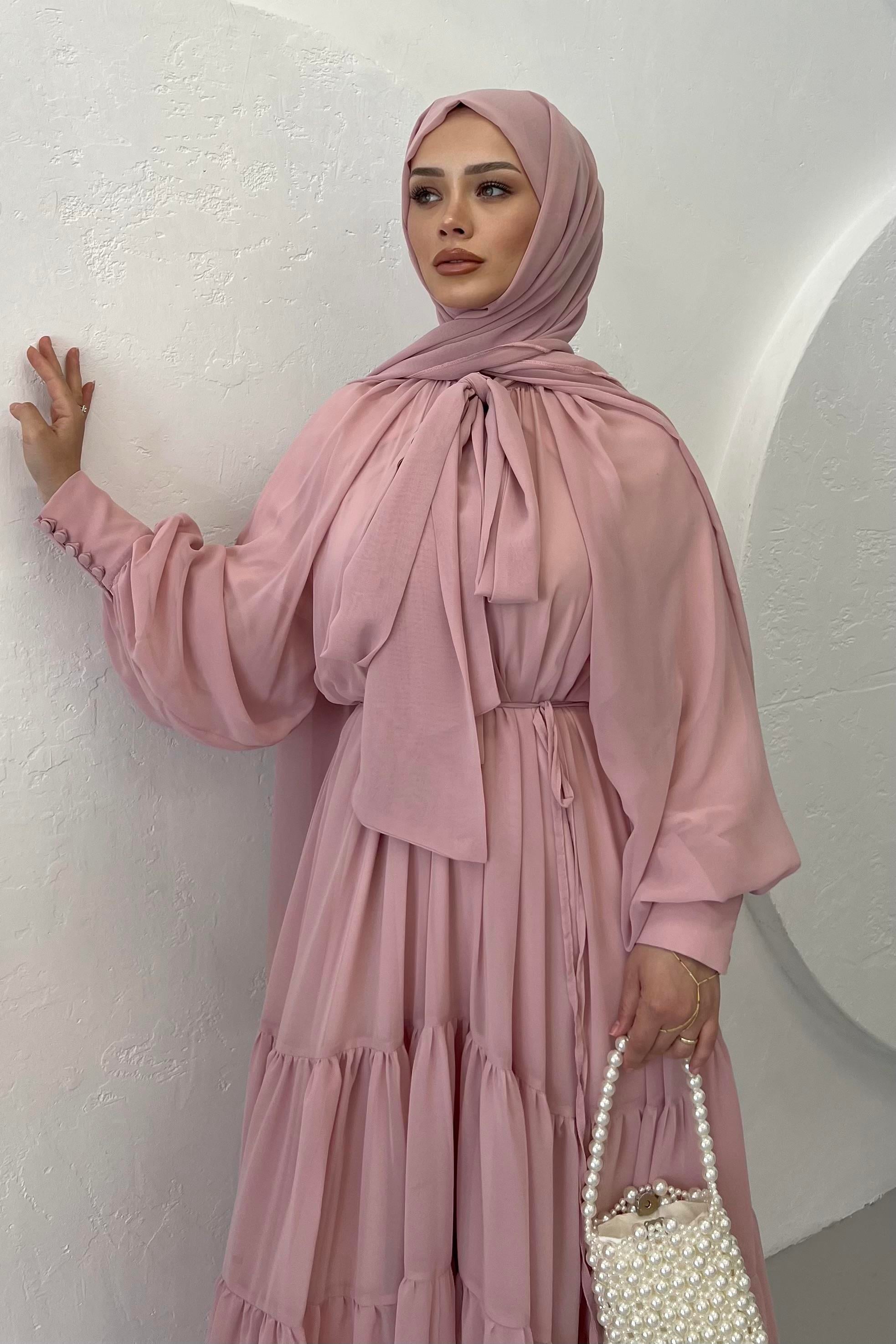 Fularlı Şifon Elbise Toz Pembe