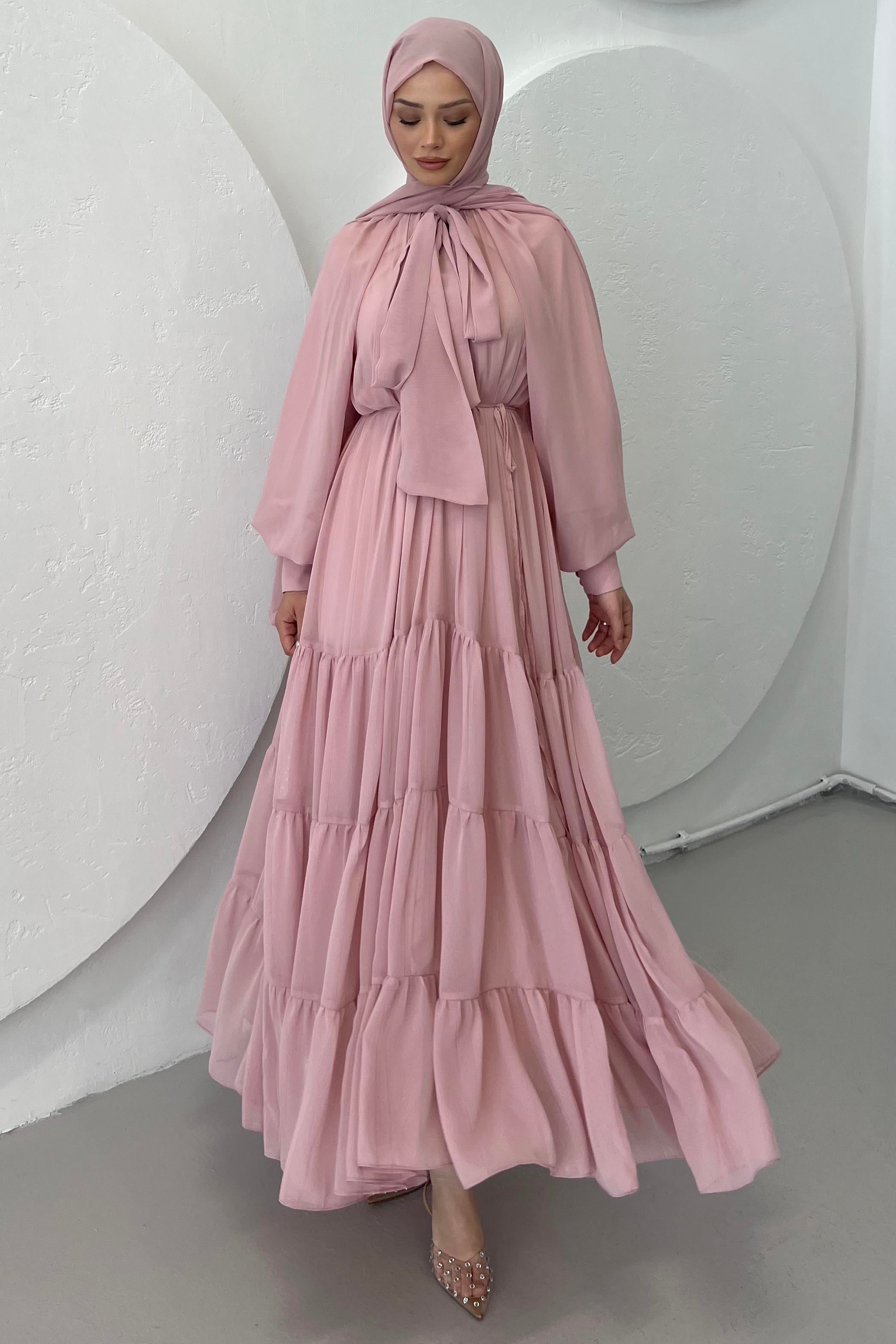 Fularlı Şifon Elbise Toz Pembe