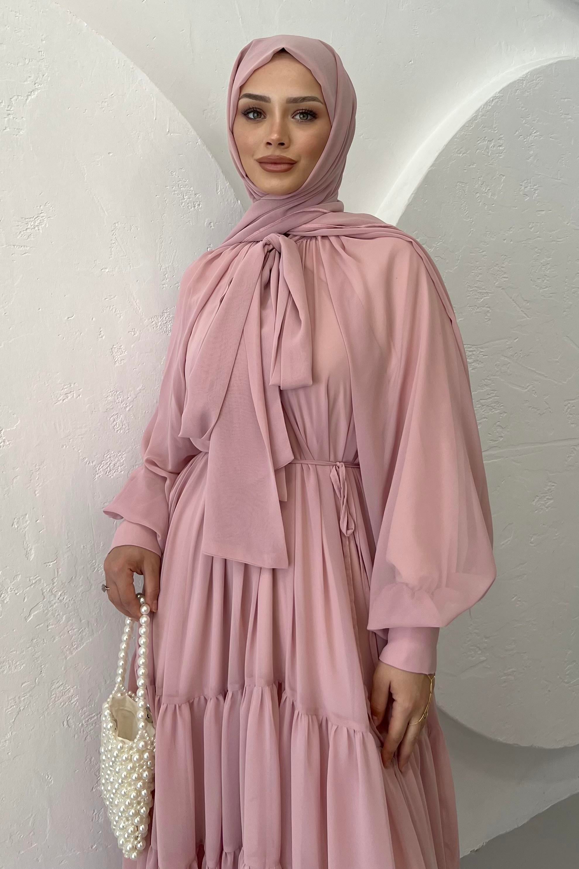 Fularlı Şifon Elbise Toz Pembe