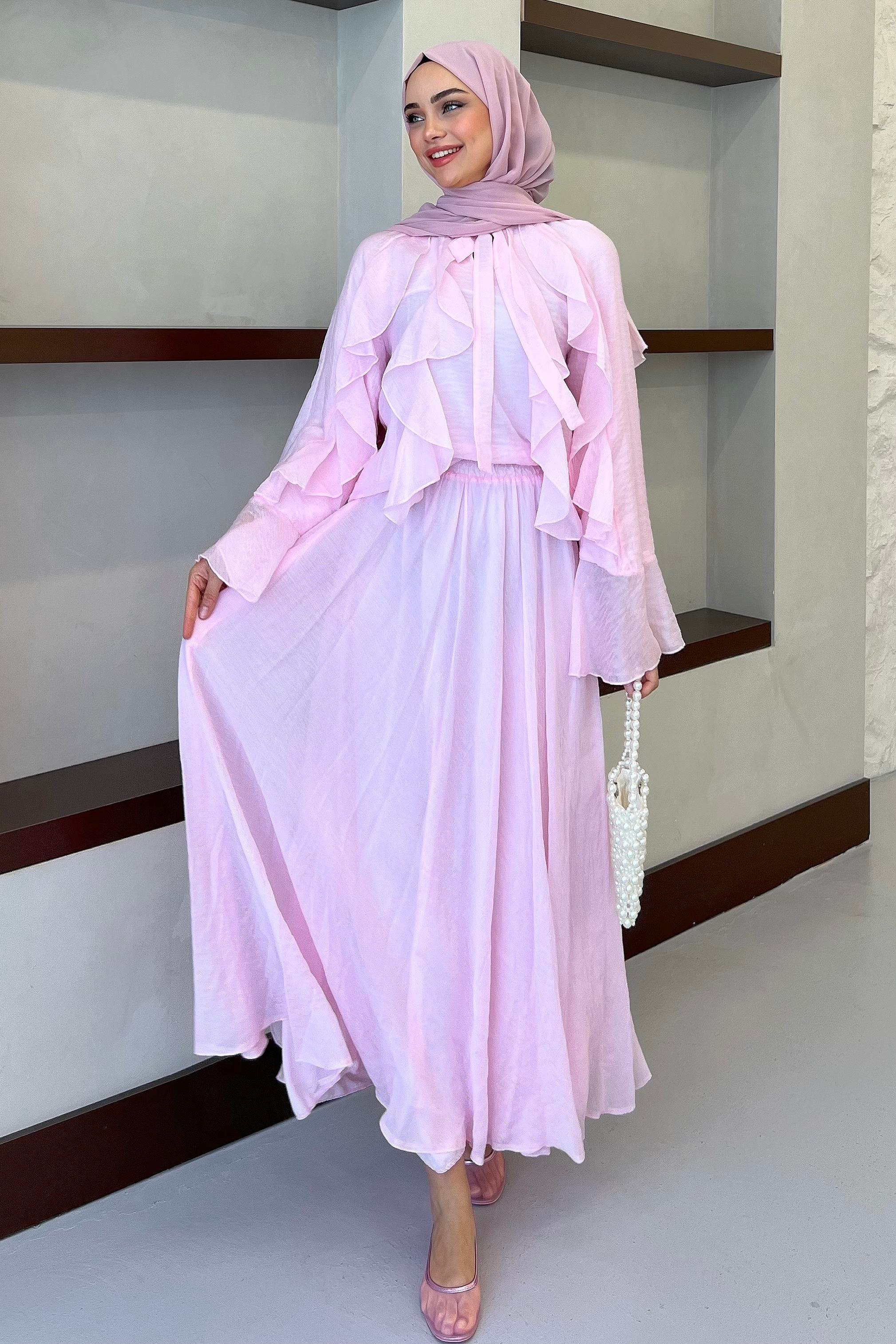 İspanyol Kol Fırfırlı Etekli Takım Toz Pembe