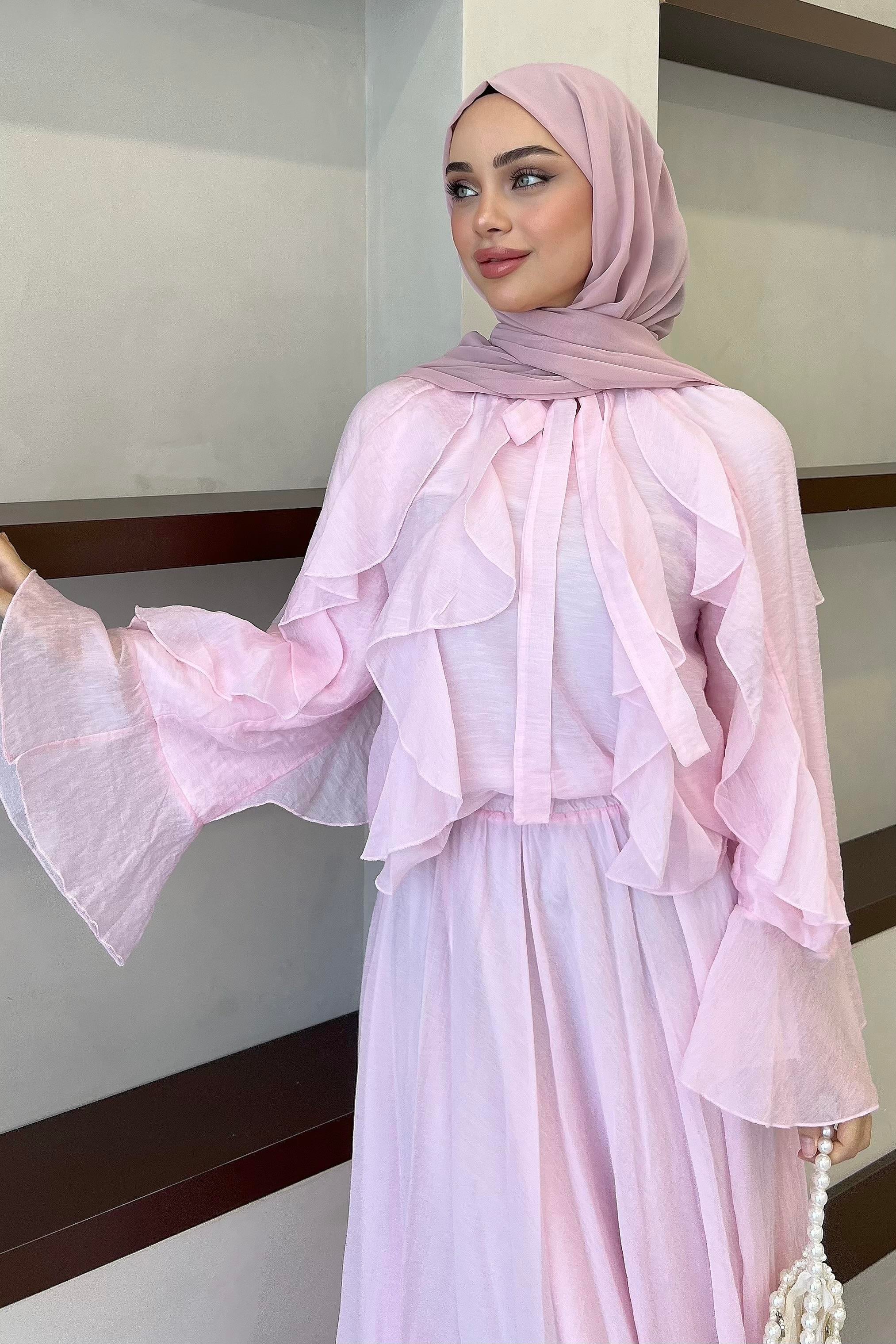 İspanyol Kol Fırfırlı Etekli Takım Toz Pembe
