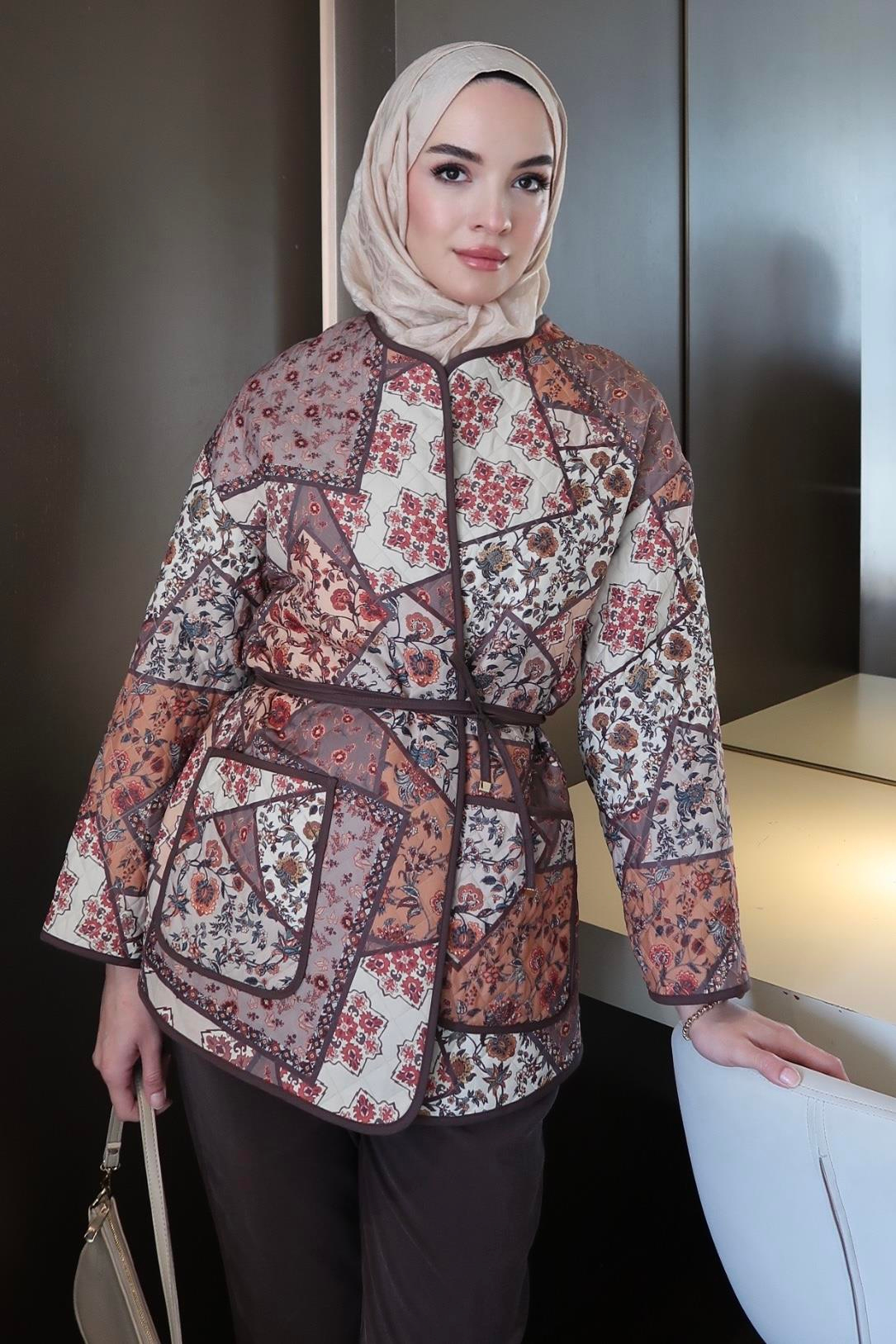 Kapitone Etnik Desenli Ceket Taba