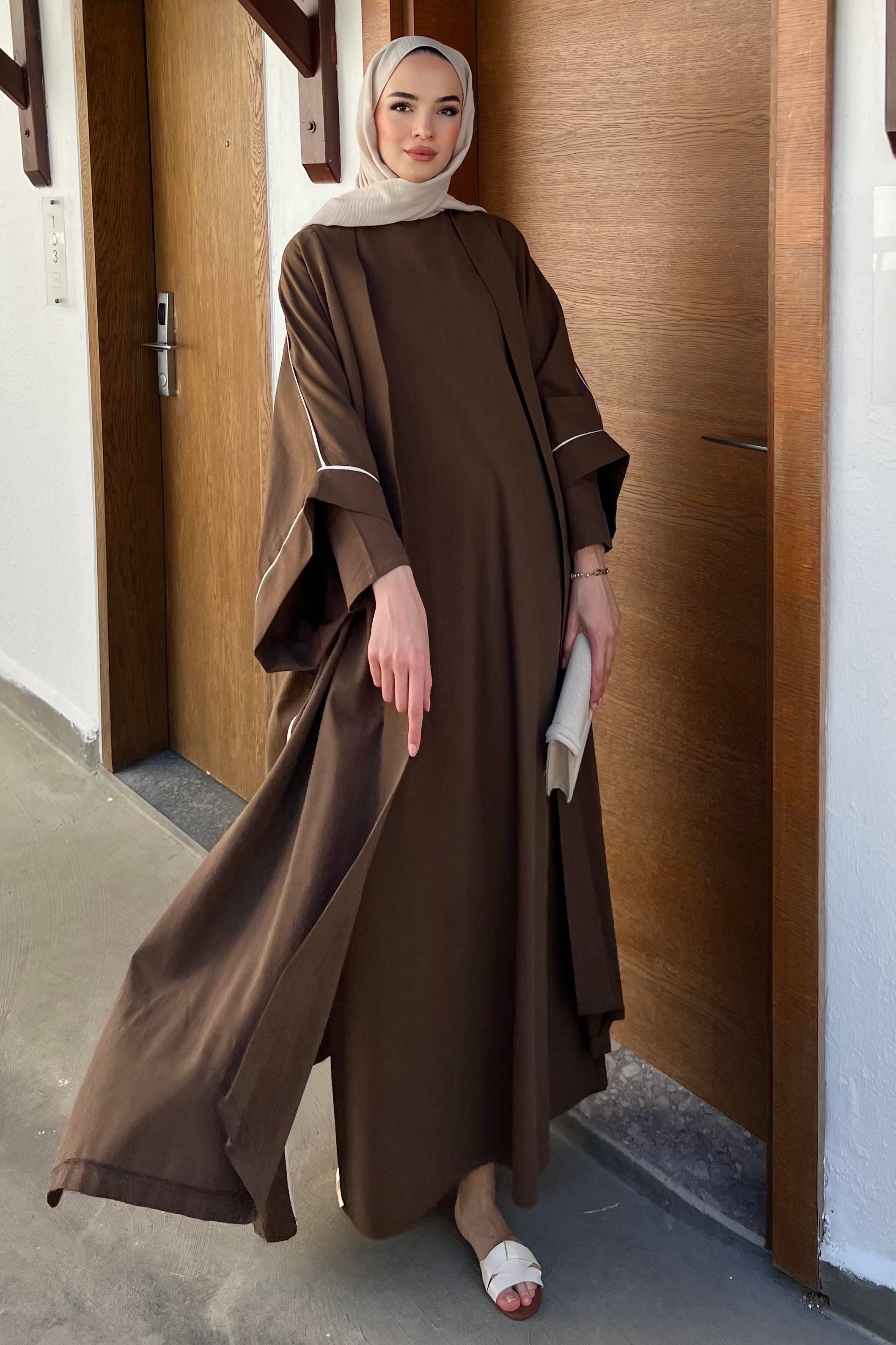 Keten İkili Abaya Takım Kahverengi