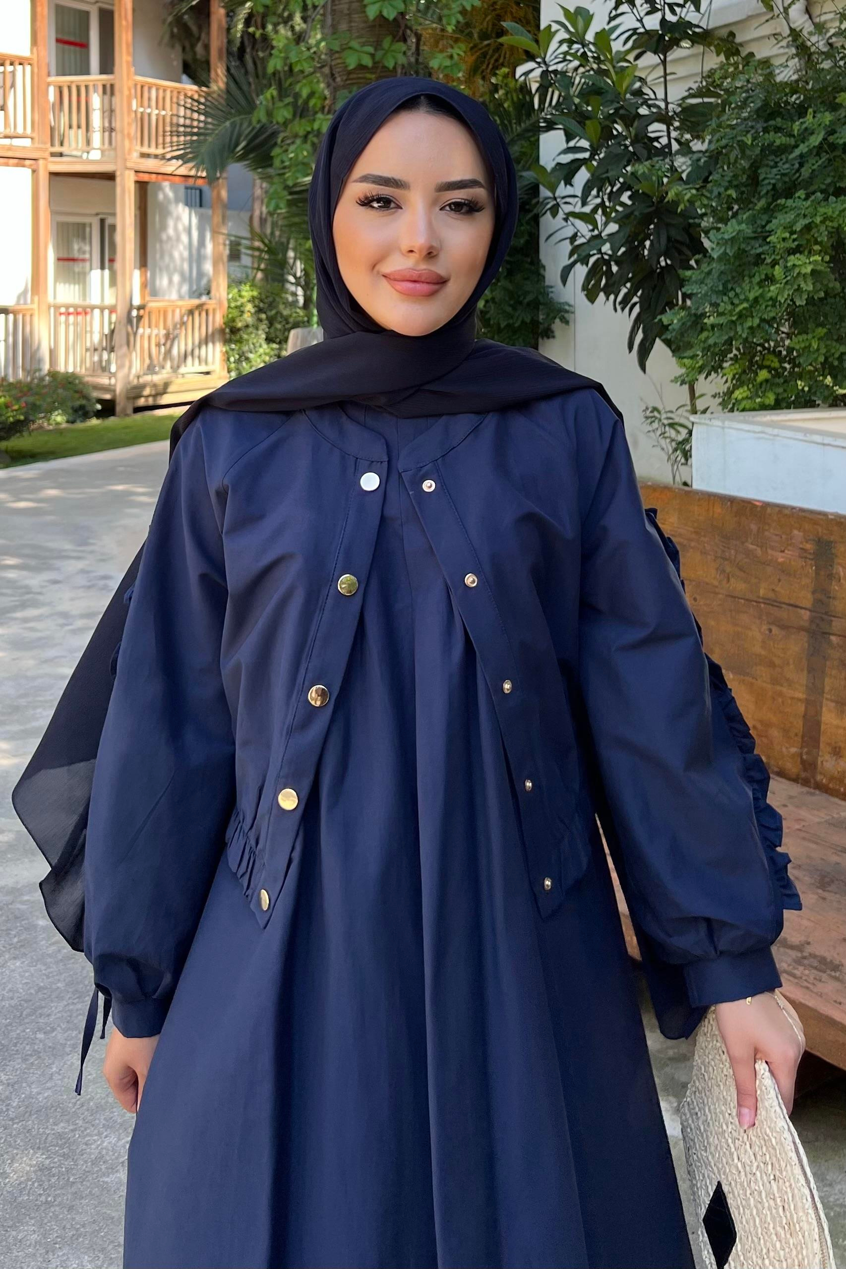 Kolları Büzgülü Ceketli Elbise Lacivert