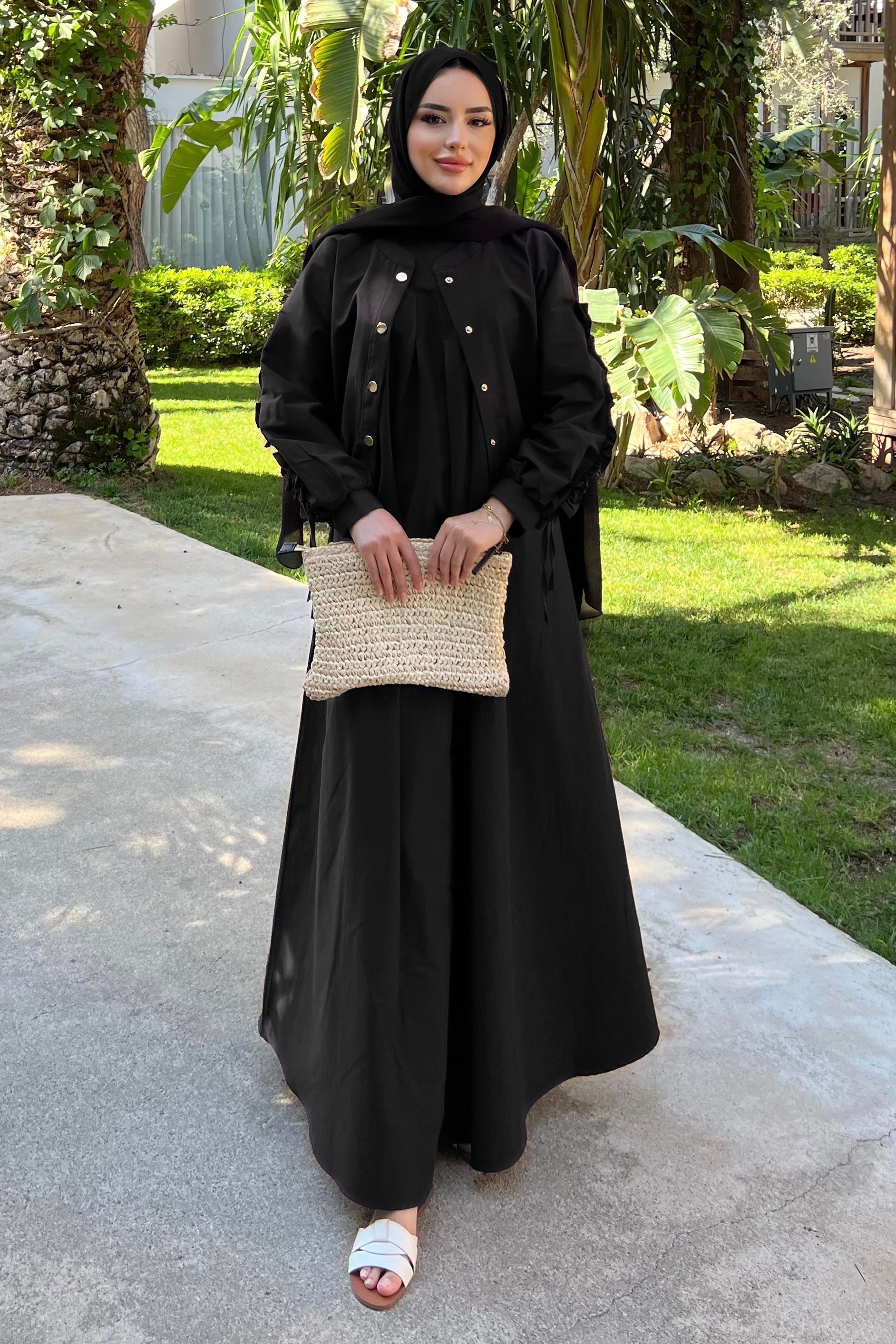 Kolları Büzgülü Ceketli Elbise Siyah