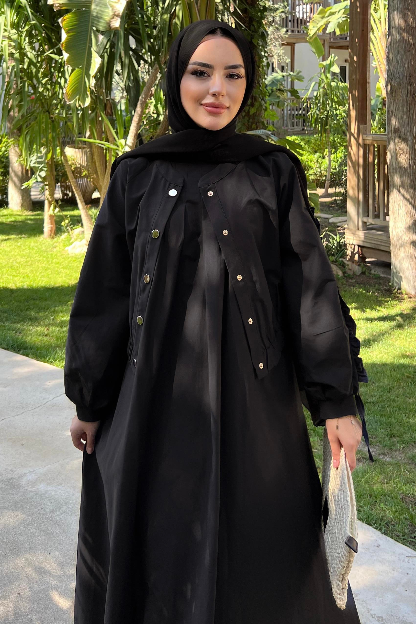 Kolları Büzgülü Ceketli Elbise Siyah