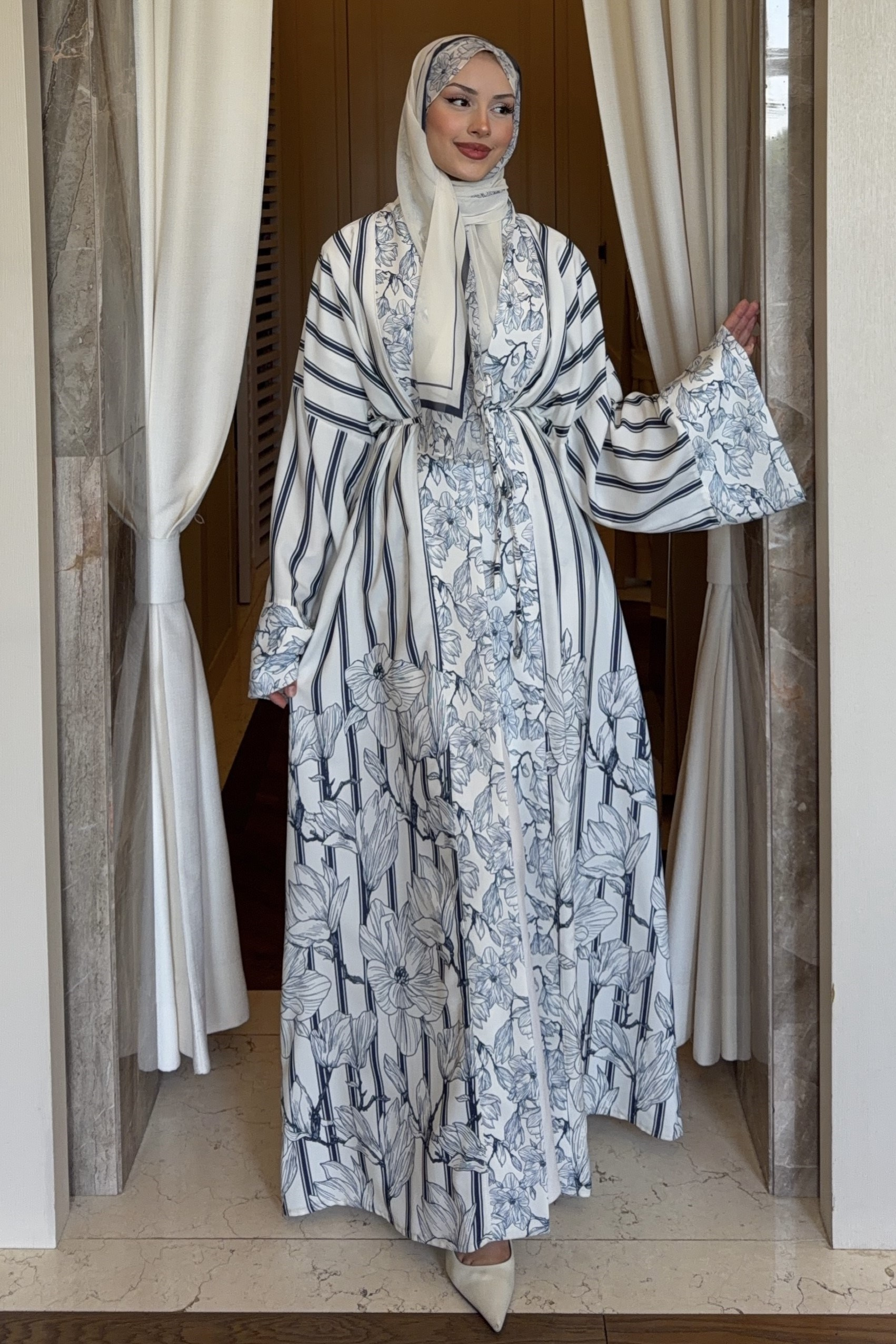 Lady Şallı Çizgili Abaya Takım Lacivert