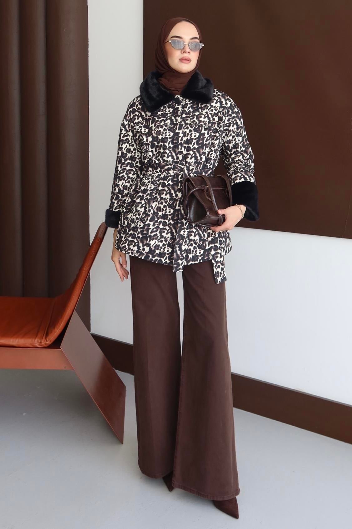 Leopar Desenli Bağlamalı Ceket Kahve