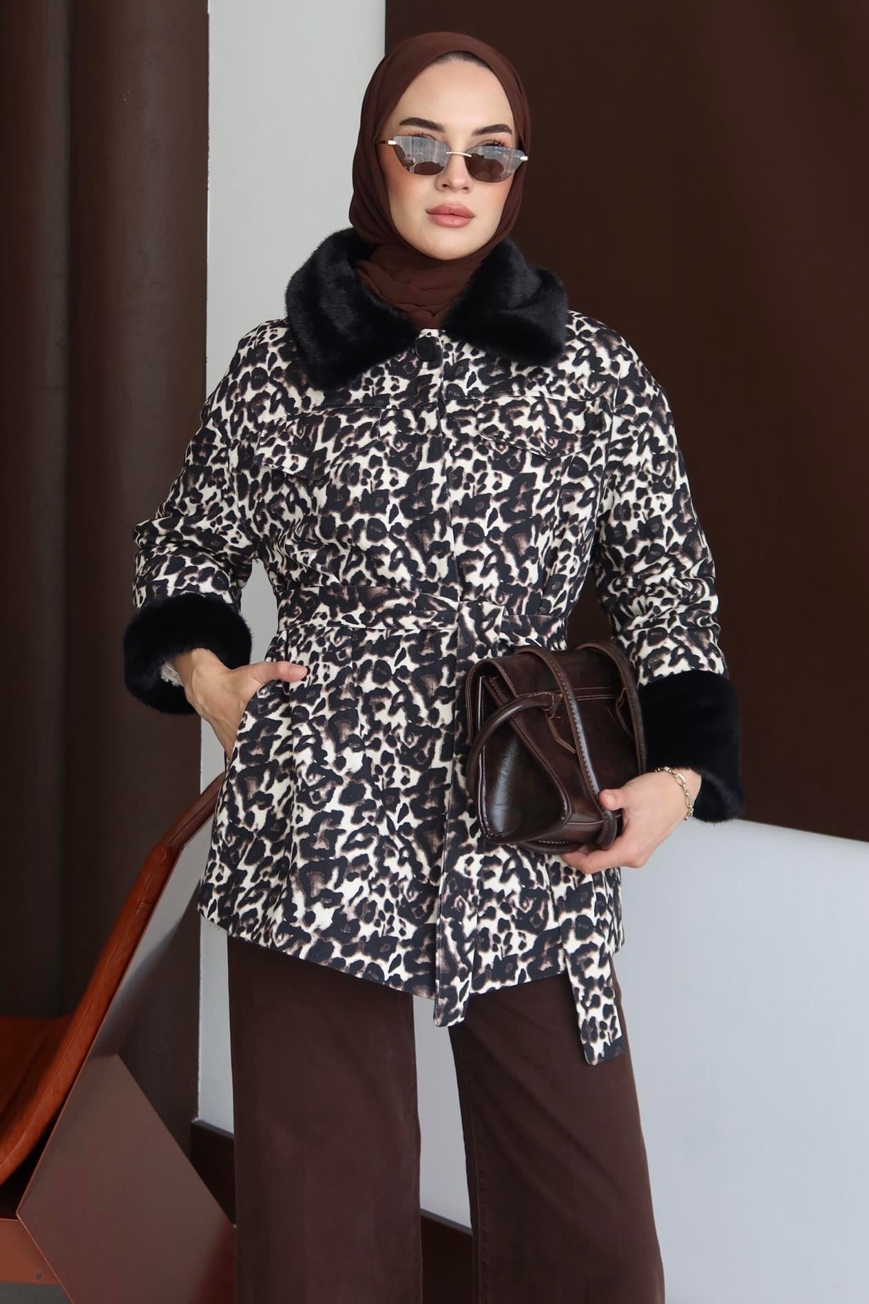 Leopar Desenli Bağlamalı Ceket Kahve