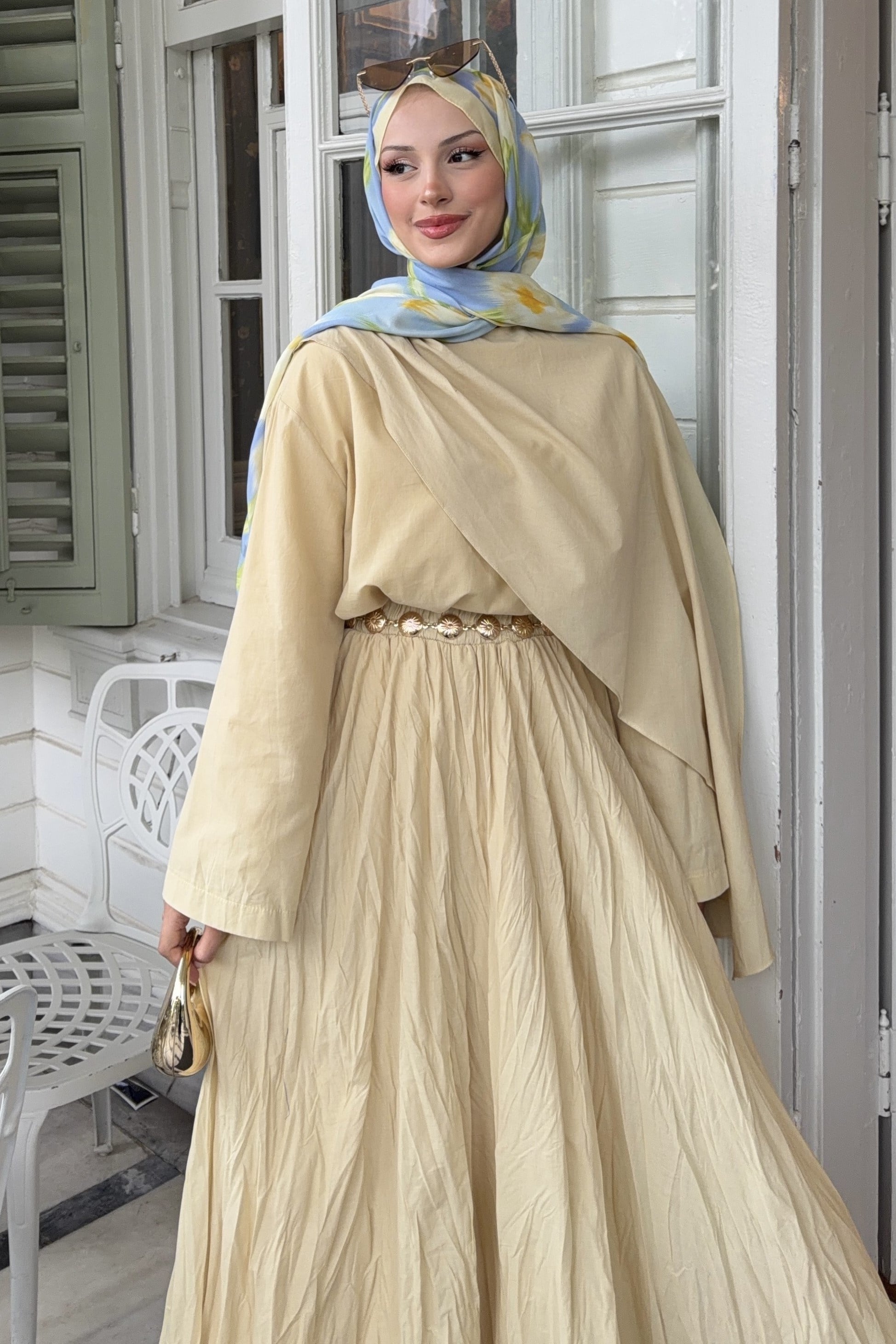 Luxe Şal Detaylı Etekli Takım Soft Sarı