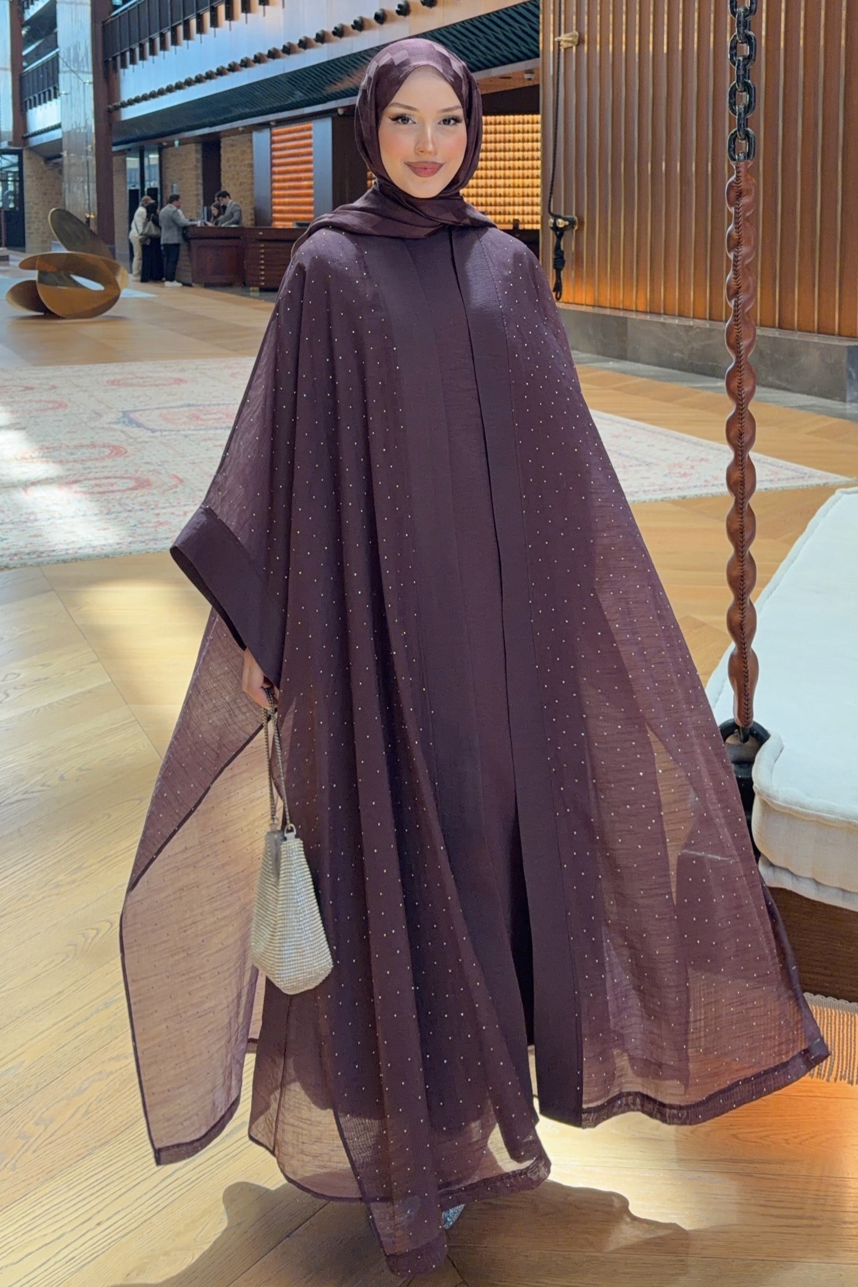 Luxury Taşlı Abaya Takım Mürdüm