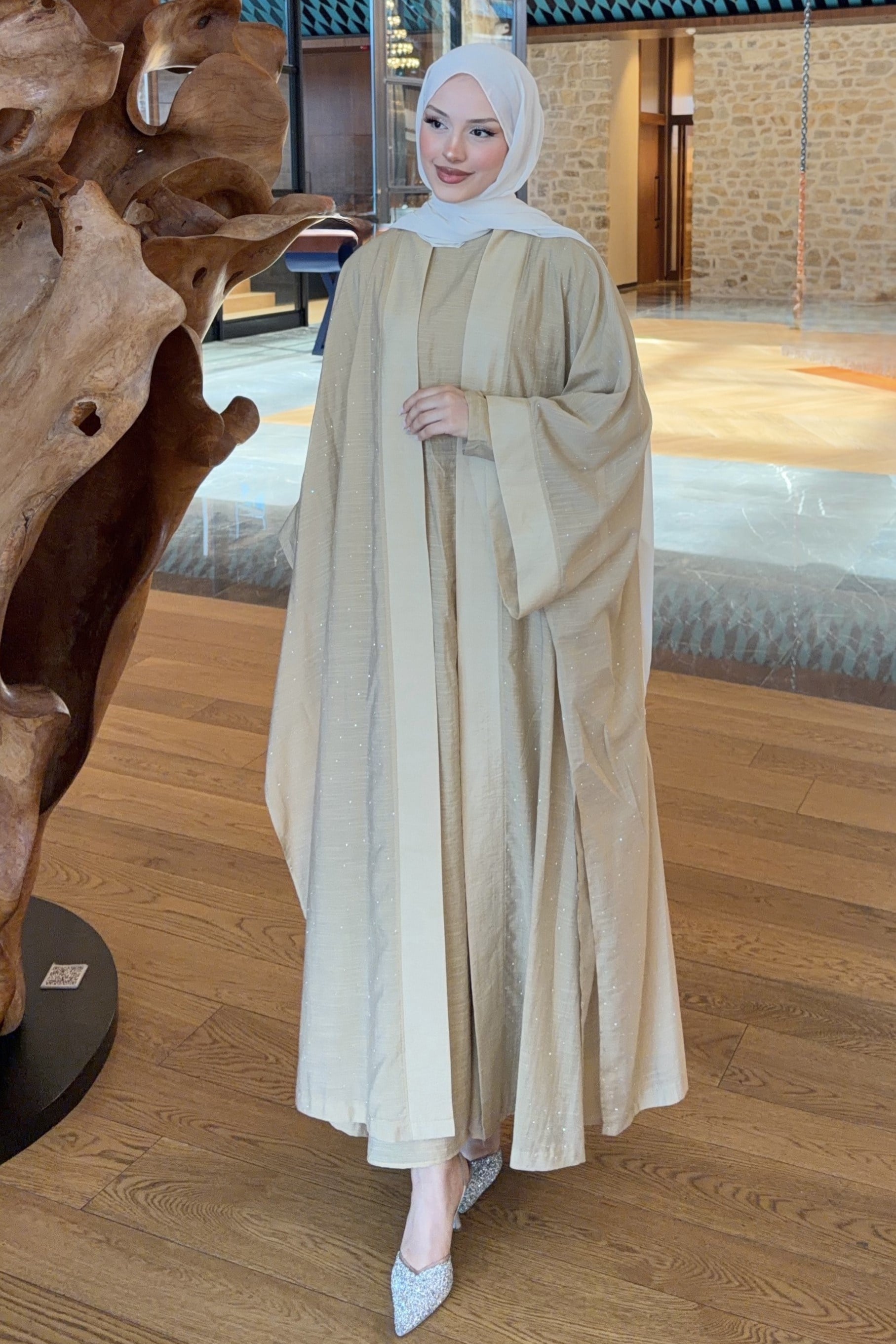 Luxury Taşlı Abaya Takım Yağ Yeşili 