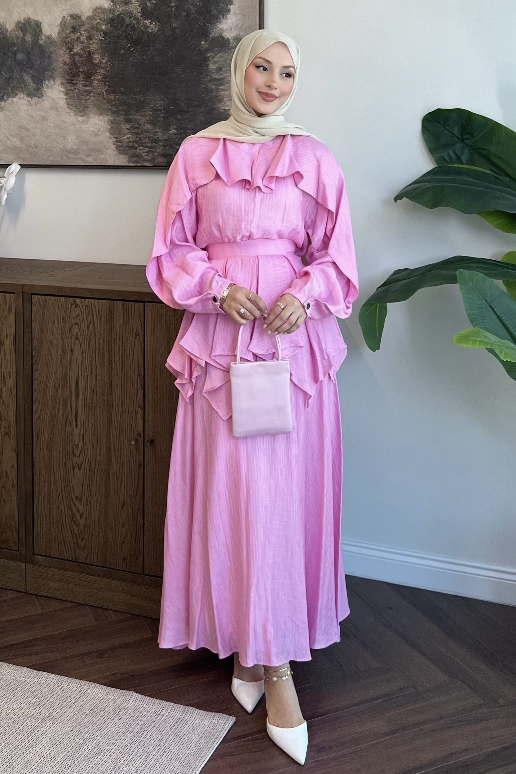 Nora Pelerin Bluzlu Müslin Etekli Takım Pembe