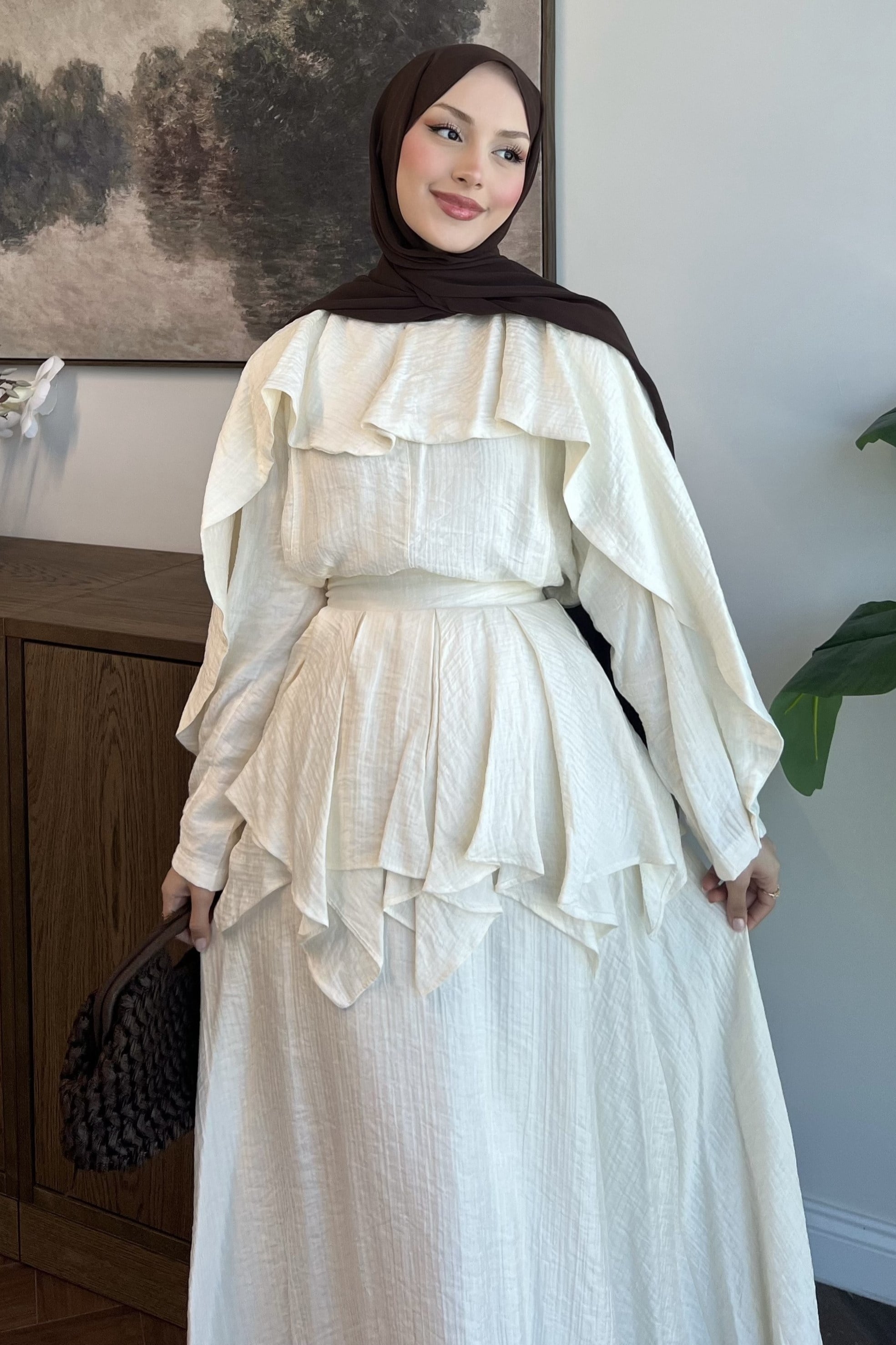 Nora Pelerin Bluzlu Müslin Etekli Takım İnci
