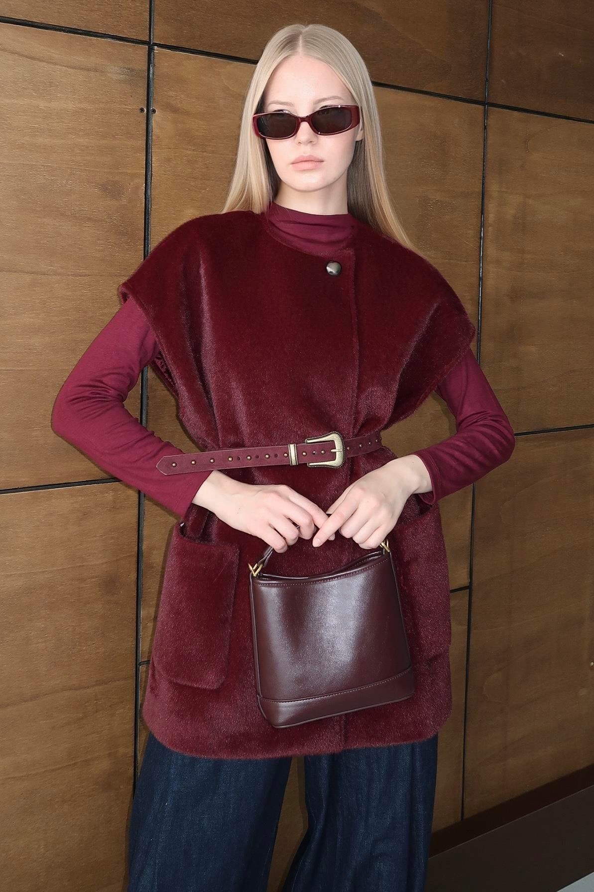 Oversize Tay Tüyü Yelek Bordo