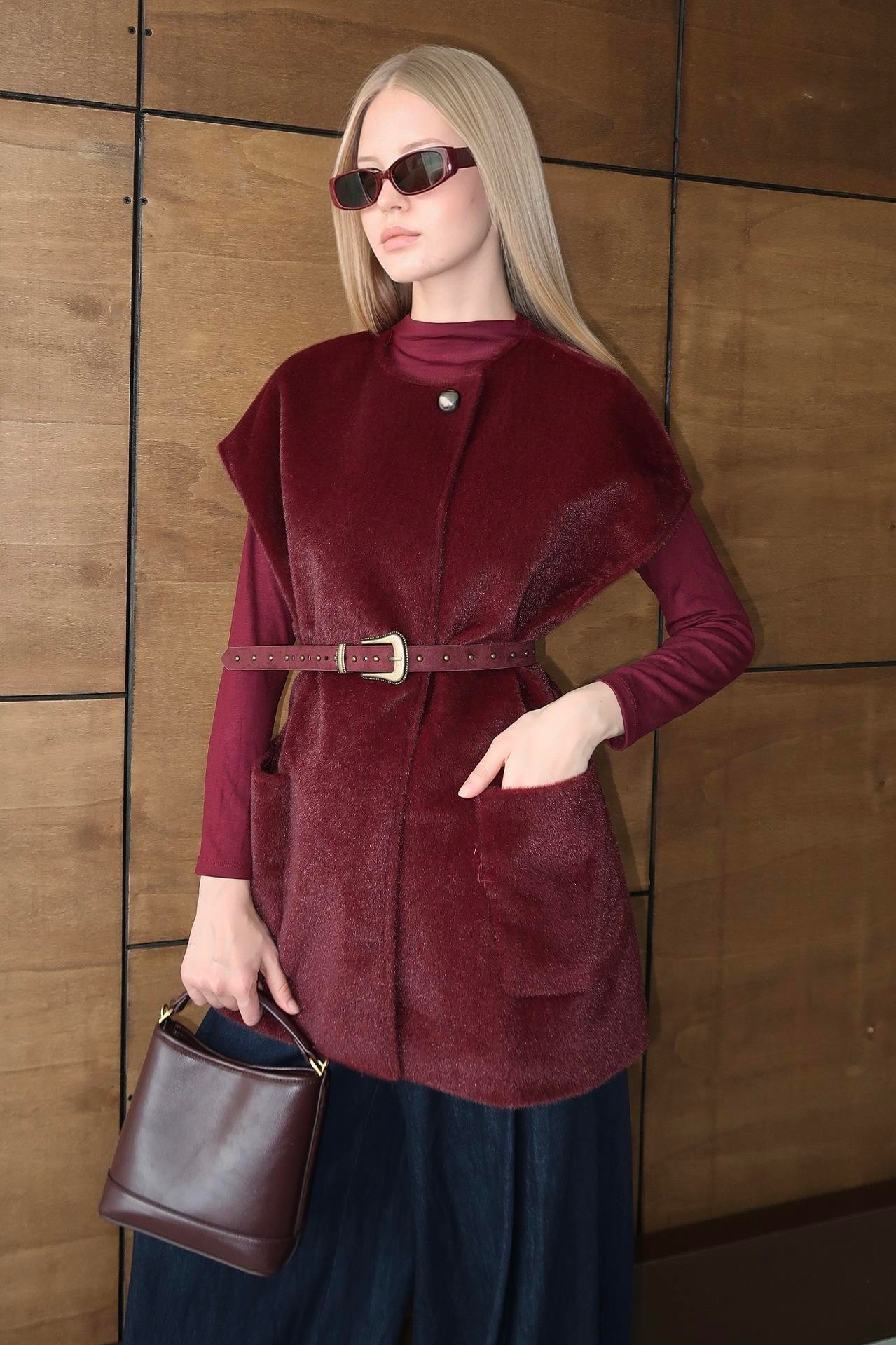 Oversize Tay Tüyü Yelek Bordo