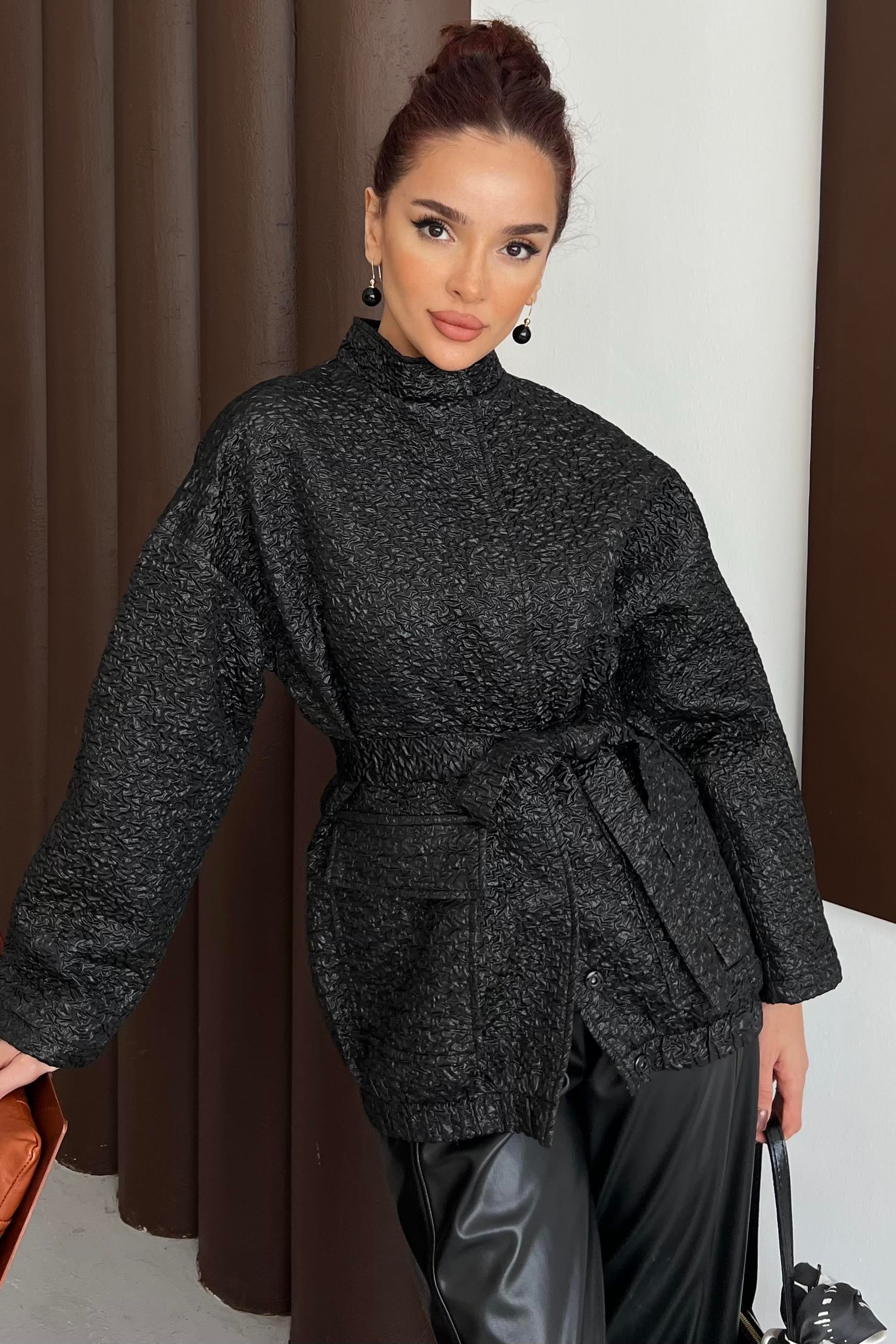 Parlak Dokulu Oversize Ceket Siyah
