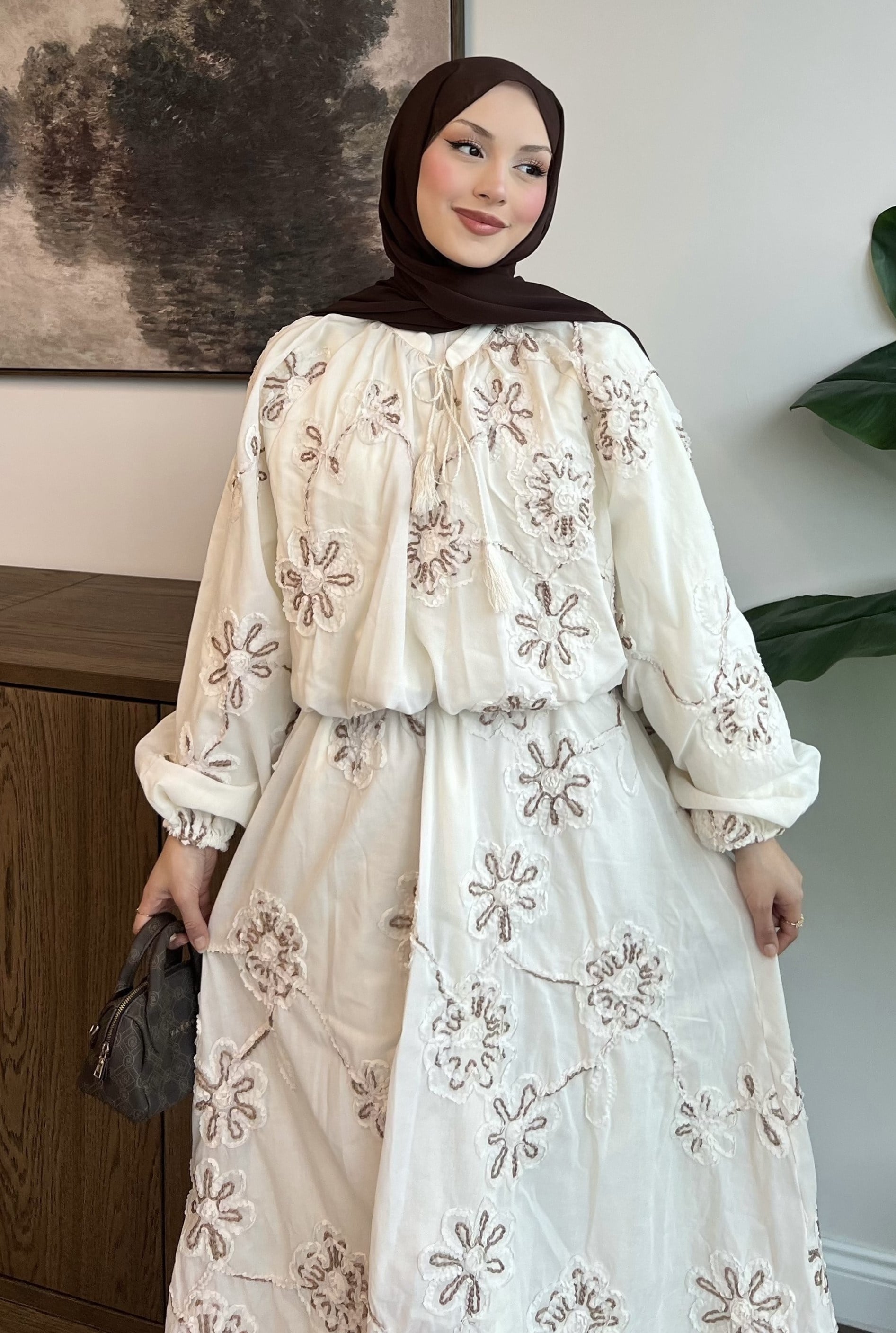 Premium Desenli Maxi Takım Bej