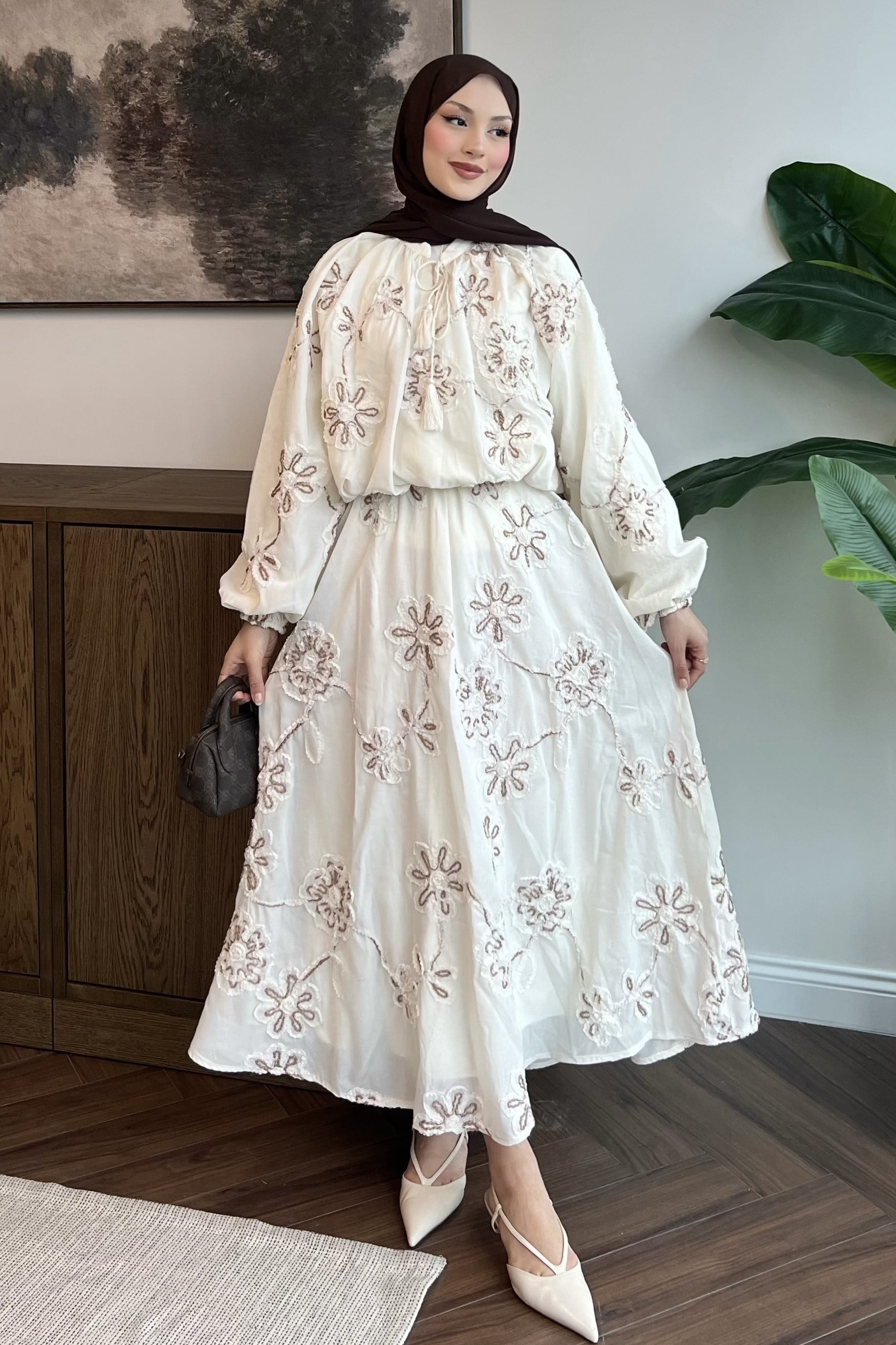 Premium Desenli Maxi Takım Bej