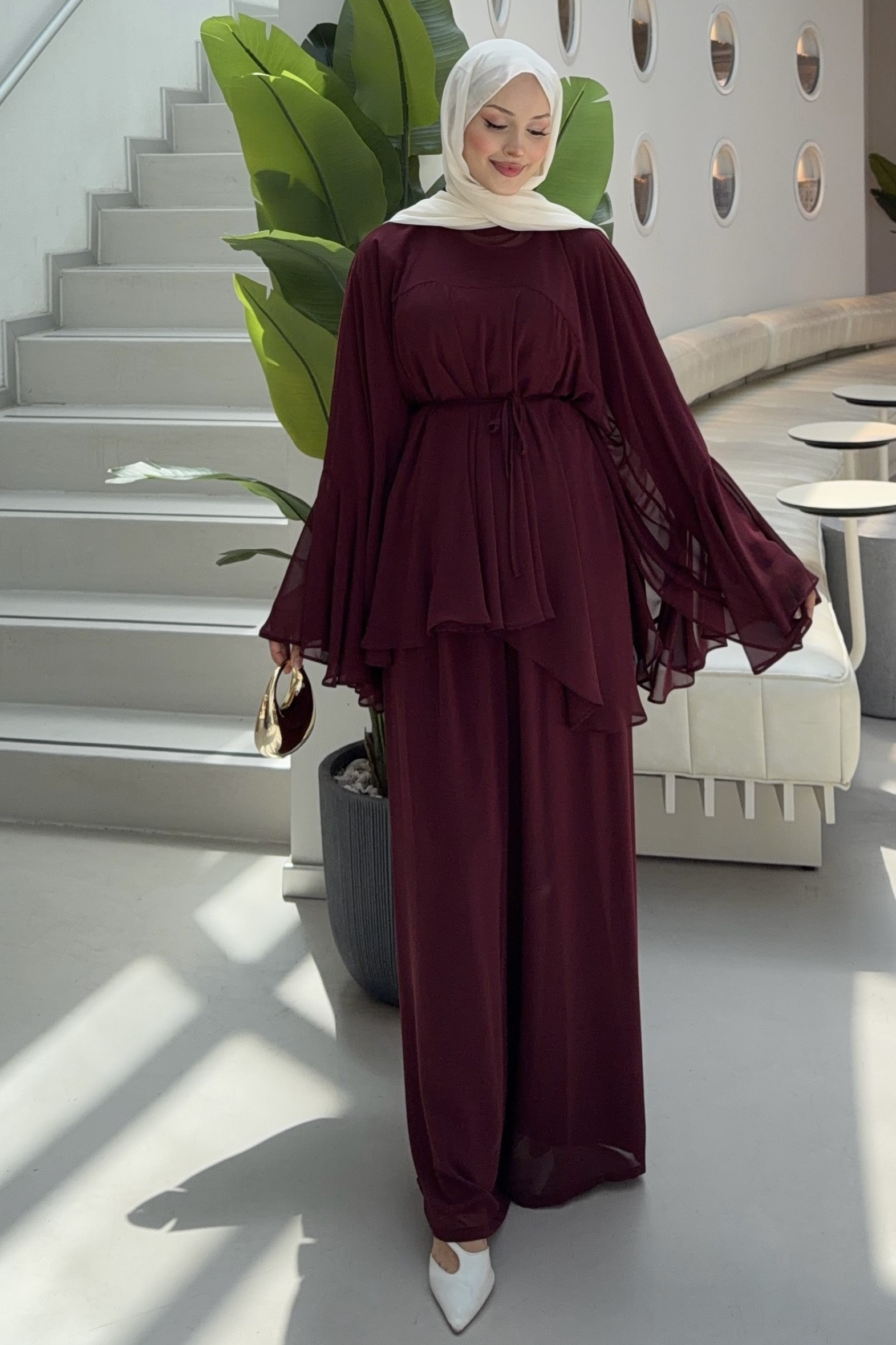 Royal Şifon Pantolonlu Takım Bordo