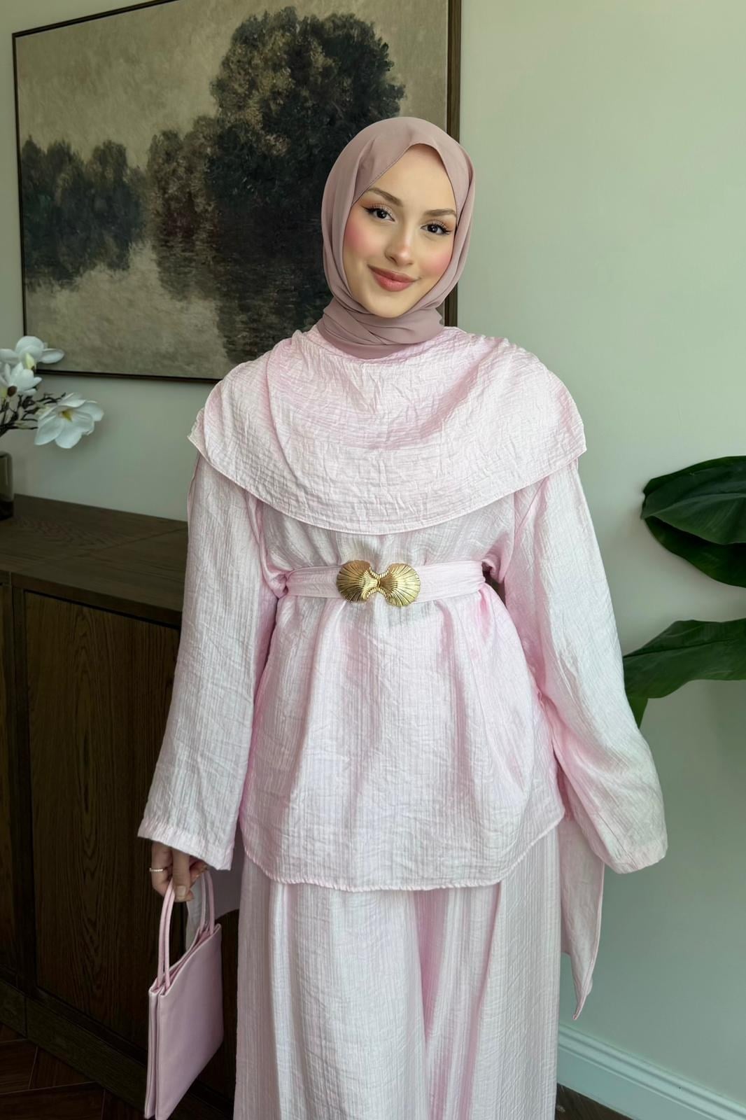 Şal Yakalı Deniz Kabuğu Pantolonlu Takım Pembe