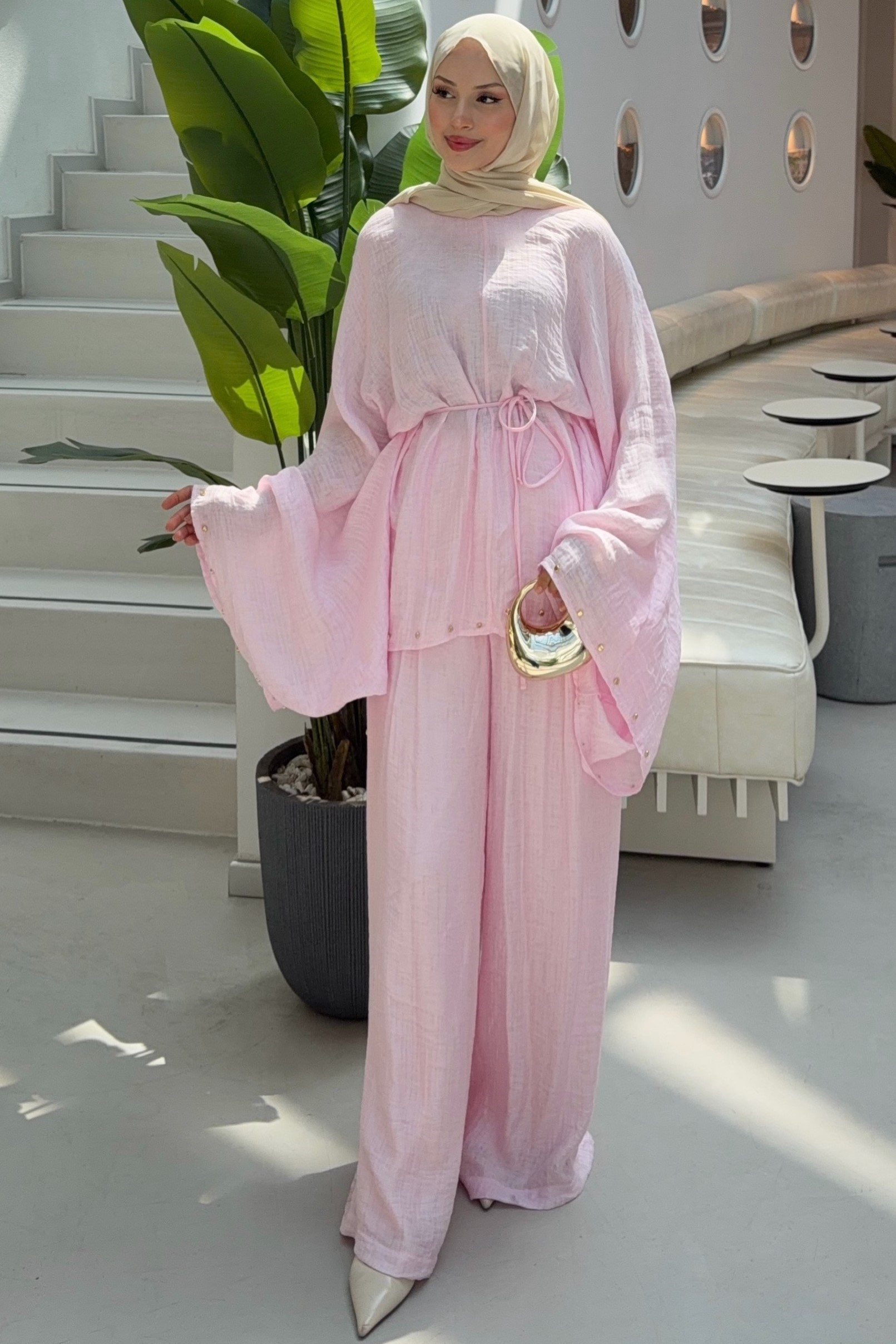 Serenya Zımba Detay Pantolonlu Pembe