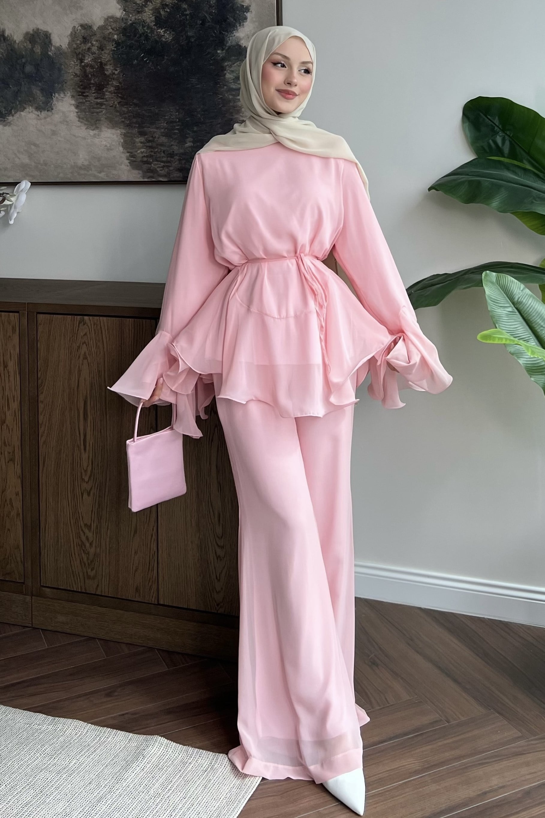 Şifonlu Pantolonlu Takım Pembe