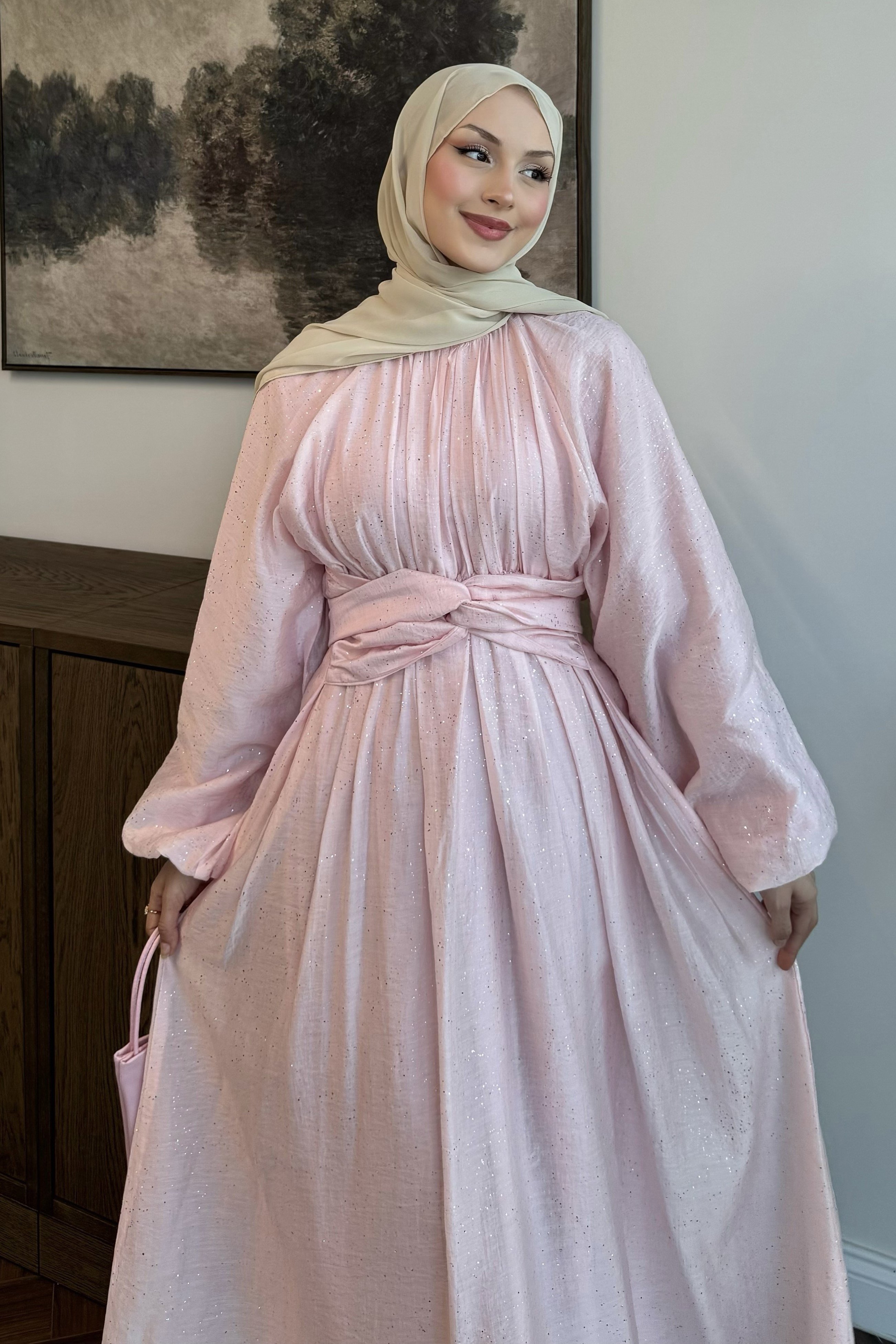 Simli Tül Tencel Elbise Pembe