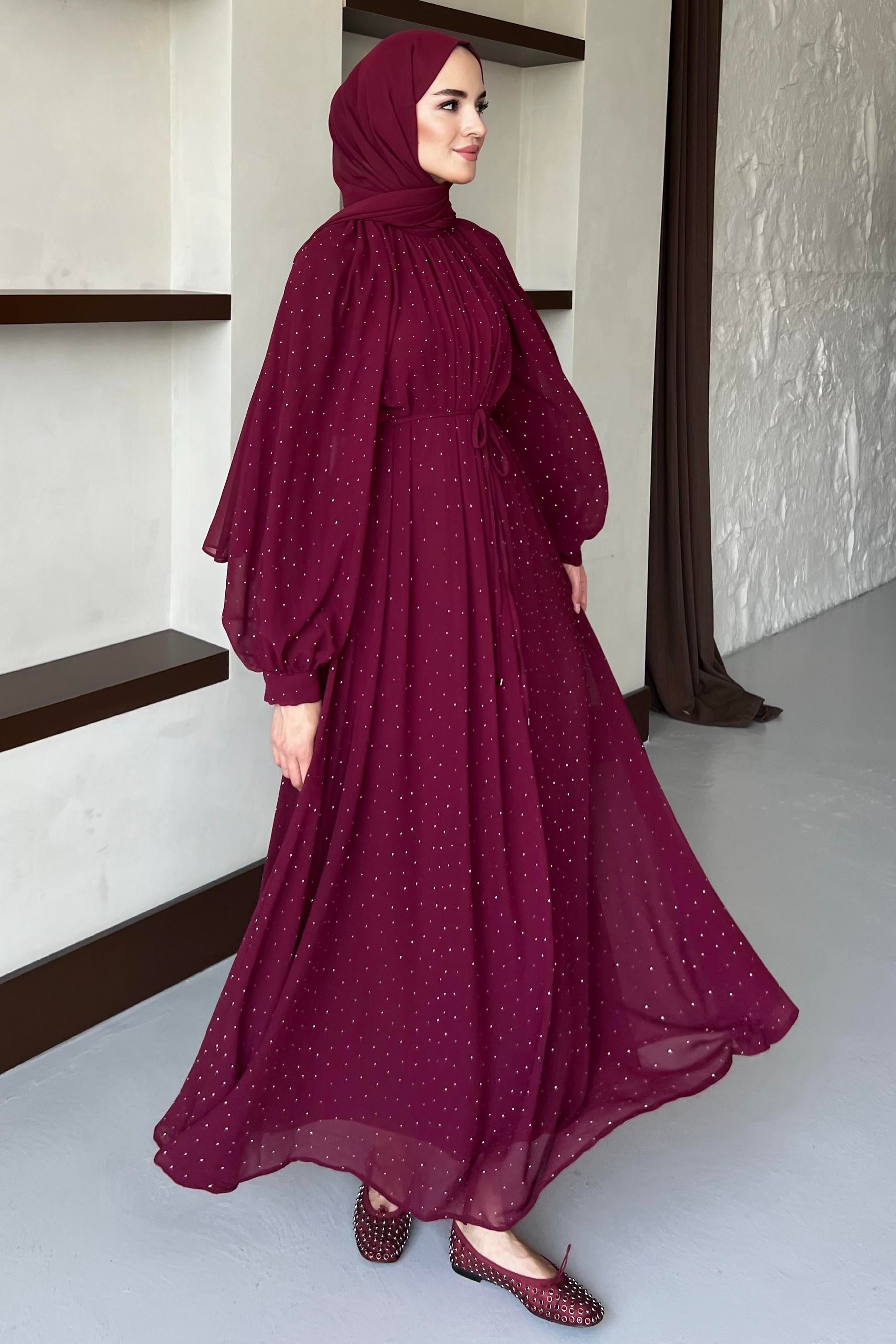 Taşlı Şifon Elbise Bordo