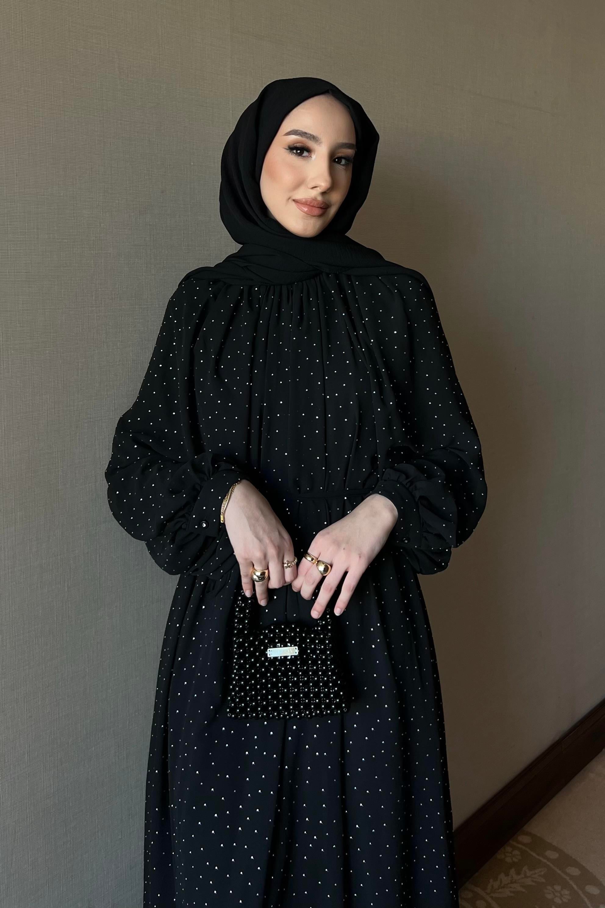 Taşlı Şifon Elbise Siyah