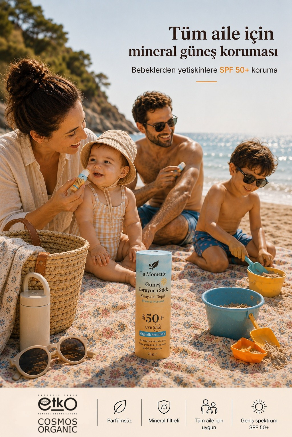 La Momette 50+ SPF %100 Mineral Filtreli Doğal-Organik Güneş Koruyucu Stick (Bebekler ve Tüm Aile için)