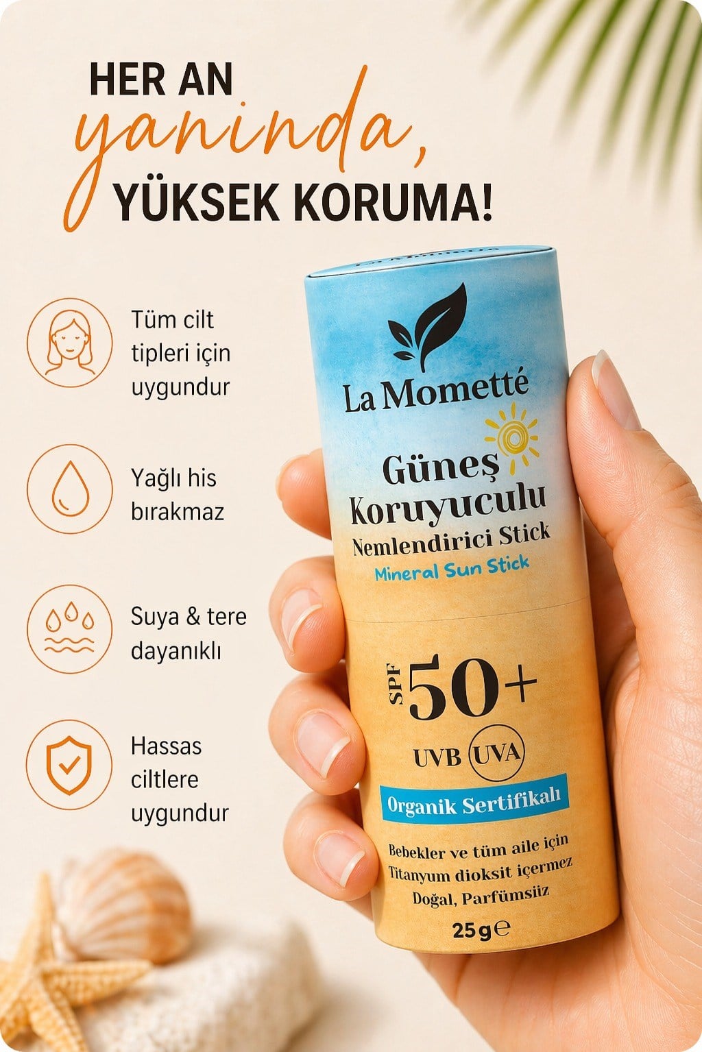 La Momette 50+ SPF %100 Mineral Filtreli Doğal-Organik Güneş Koruyucu Stick (Bebekler ve Tüm Aile için)