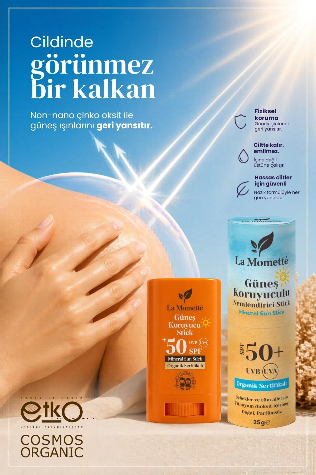 La Momette 50+ SPF %100 Mineral Filtreli Doğal-Organik Güneş Koruyucu Stick (Bebekler ve Tüm Aile için)