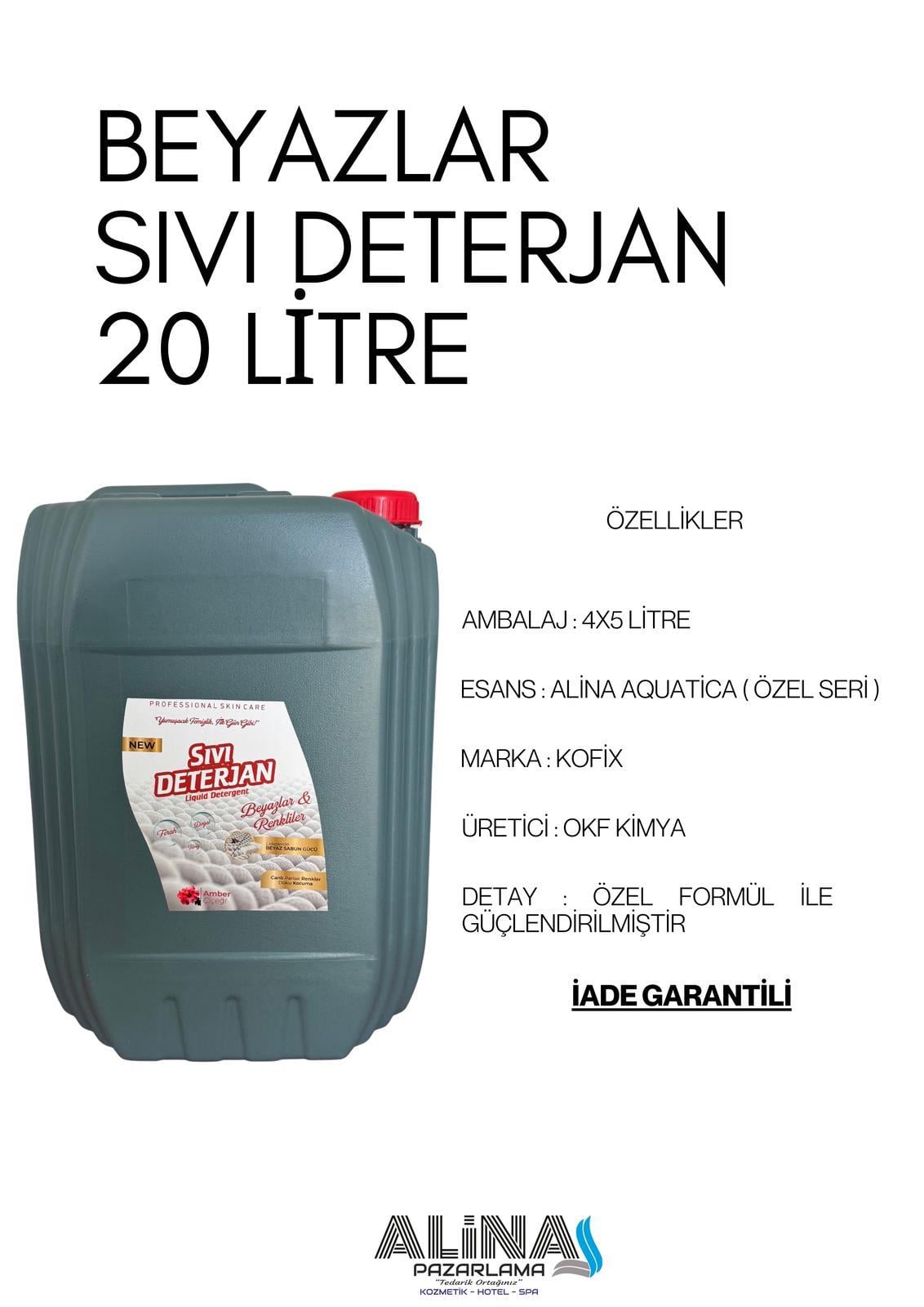 20 LT SIVI ÇAMAŞIR DETERJANI BEYAZLAR ALN320 ( 4 x 5 LT )