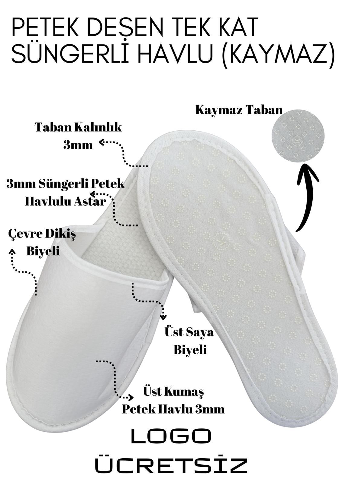 3mm Petek Desen Polyester Kaymaz Taban Tek Kullanımlık Terlik P100-K