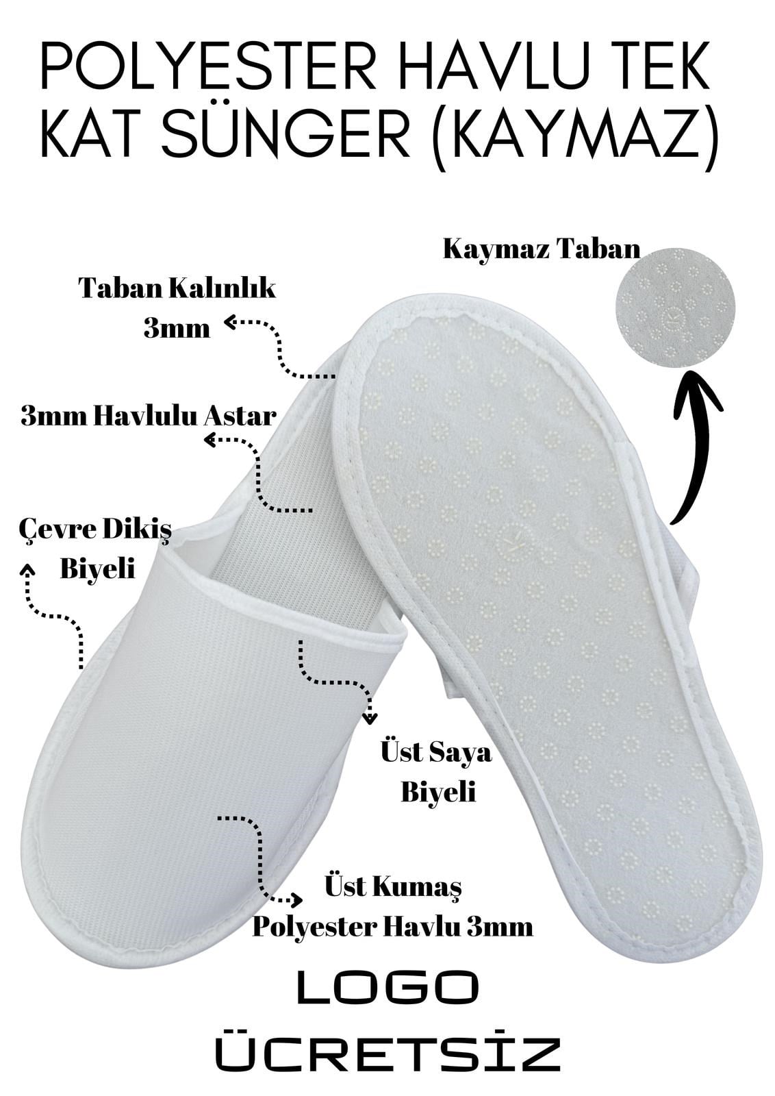 3mm Süngerli Havlu Polyester Kaymaz Taban Tek Kullanımlık Terlik H100-K