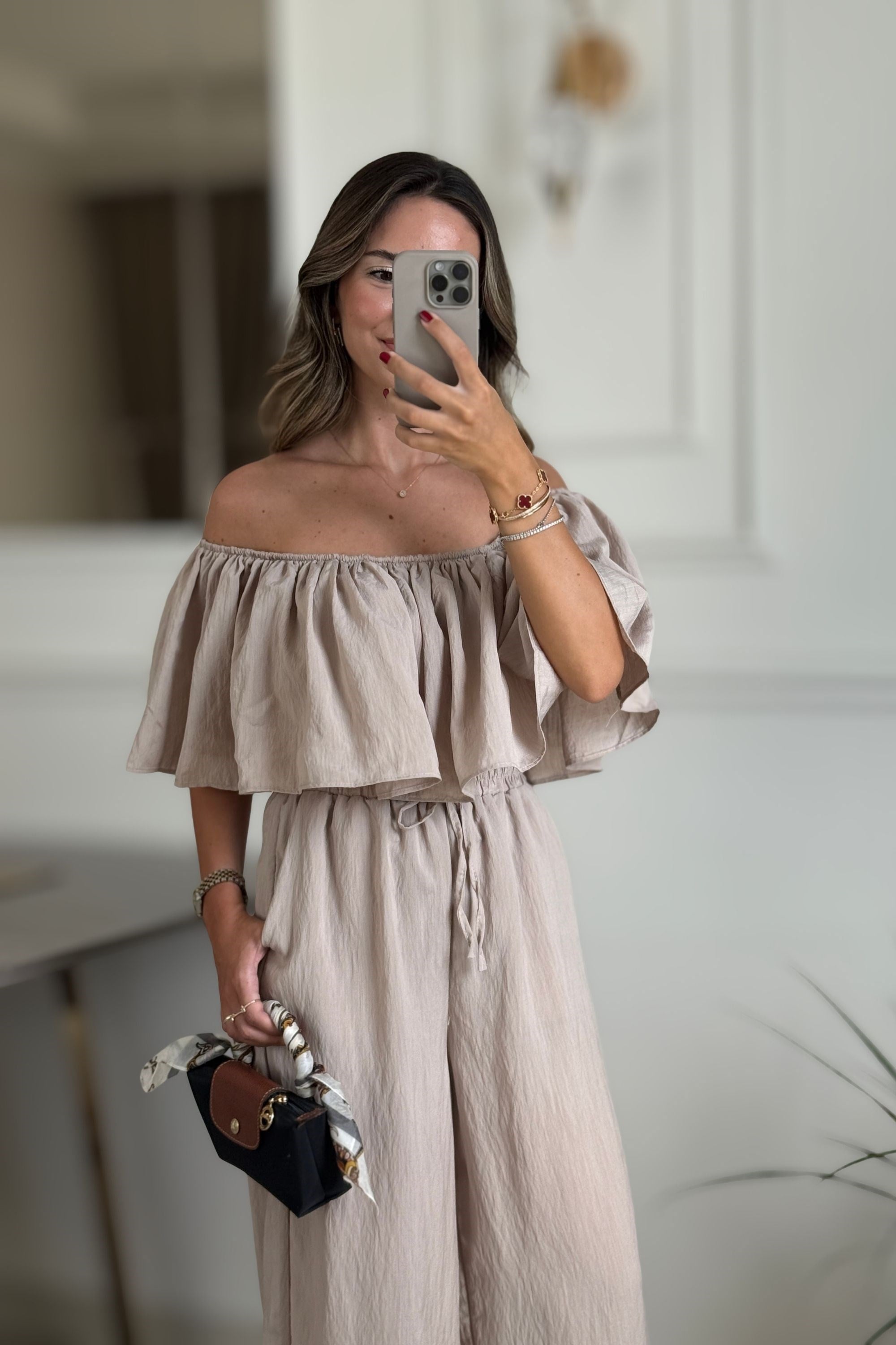  FIRFIR DETAYLI BLUZ PANTOLON TAKIM - VİZON